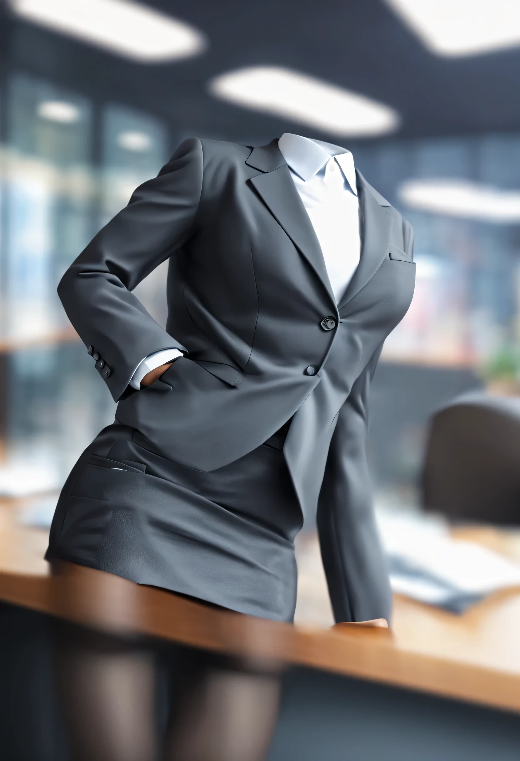 Invisible person, bussiness suit, skirt, thights, office, bokeh, masterpiece, best quality, 4k, highly detailed