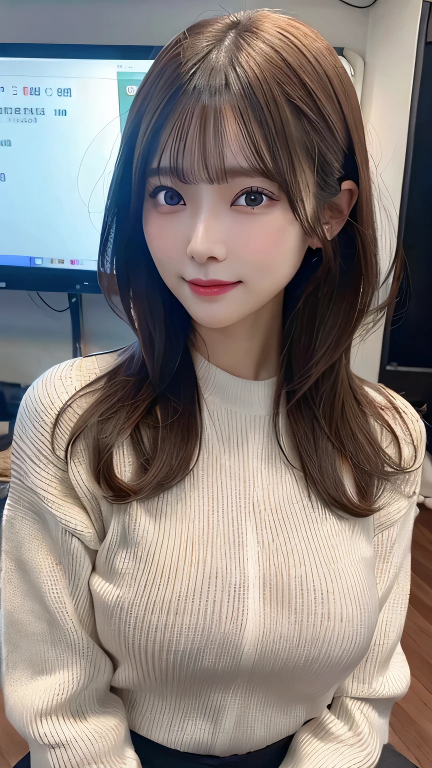table top, highest quality, Super detailed, finely, High resolution, In 8K, wearing knitwear, beautiful and detailed eyes, Clothes with body lines, big breasts, natural color lip, News Studio, Female Announcer, news caster, facing forward