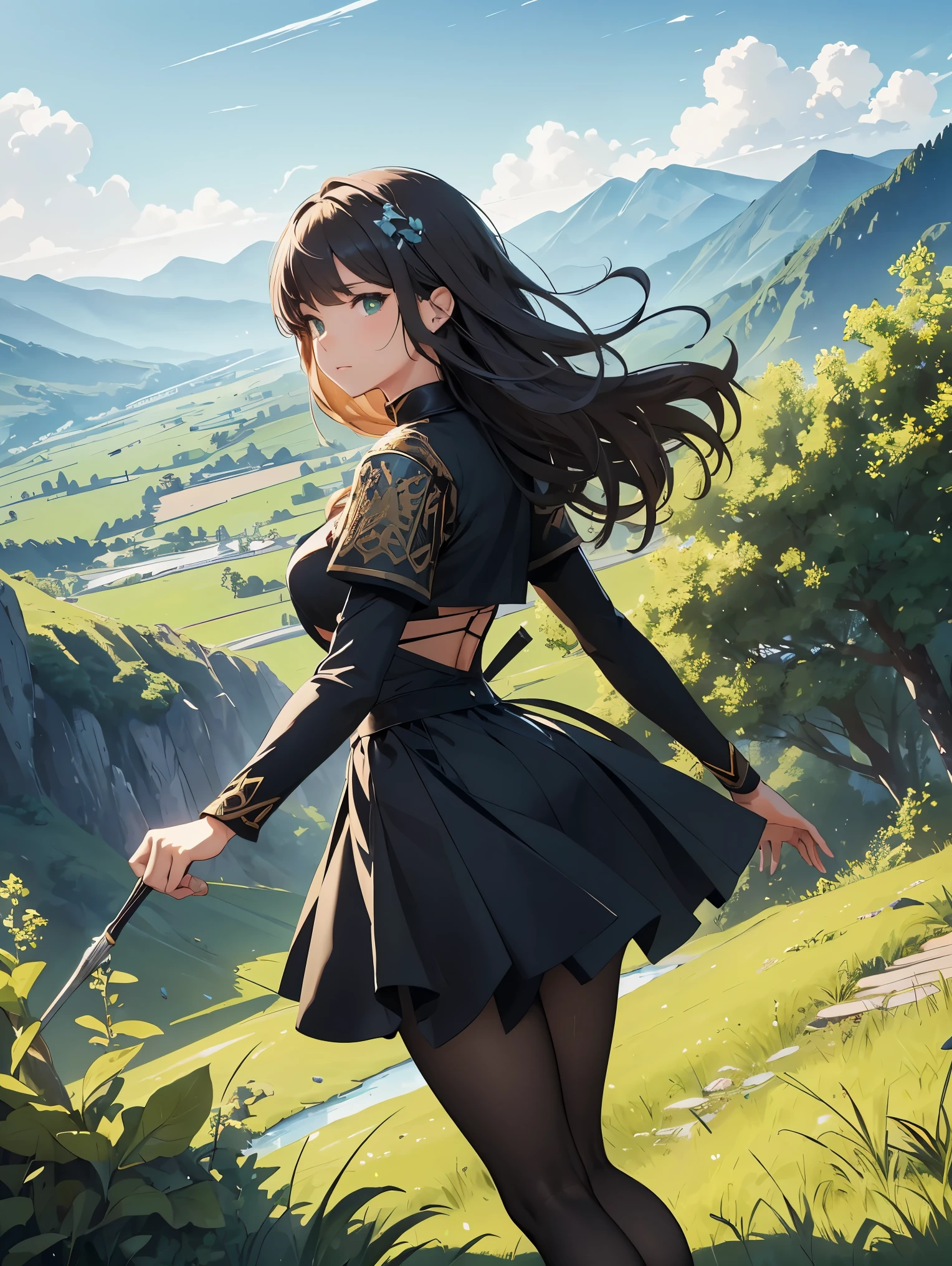 On a green meadow,There was a girl leading a group of knights.
BREAK With a brave face, Guide them to their destination.
break behind her, Green forests extend further, Mountains rise in the distance.
BREAKThe best effect for this scene is the watercolor technique,to capture the softness of the grass and the fluidity of movement.. ,((detailed)), ((high quality)),((Well structured)),((anatomically correct)),((good composition)), ((good perspective)),((masterpiece)), ( ( detailed outline)),((extremely detailed)),((The art of math)), digital illustration, ((well proportioned body)), high resolution, HD, Full definition, full resolution, detailed face, 4K,HD, sharp,perfect,depth,with depth,sharp focus,depth of field