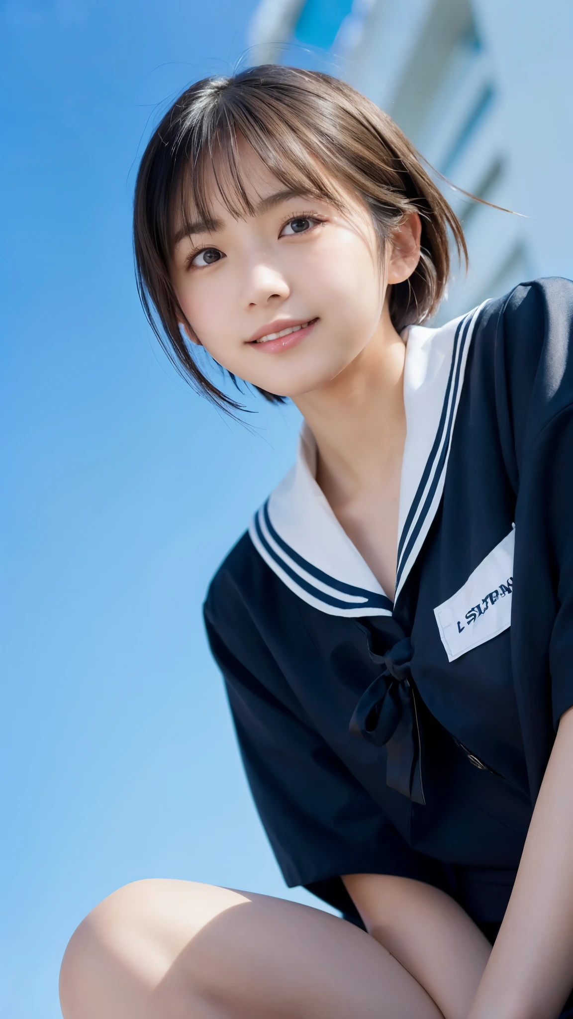 (highest quality,masterpiece:1.3,ultra high resolution),(Super detailed,caustics,8k),(photorealistic:1.4,RAW shooting),18-year-old,Japanese,cute,black short hair,Smiling and looking at the camera,(sailor suit),forward leaning posture,shot from the waist up,(face focus:1.3),(Face close-up:1.3),(low position:1.3),(Low - Angle:1.4),sun,Lens flare,blue sky,Natural light
