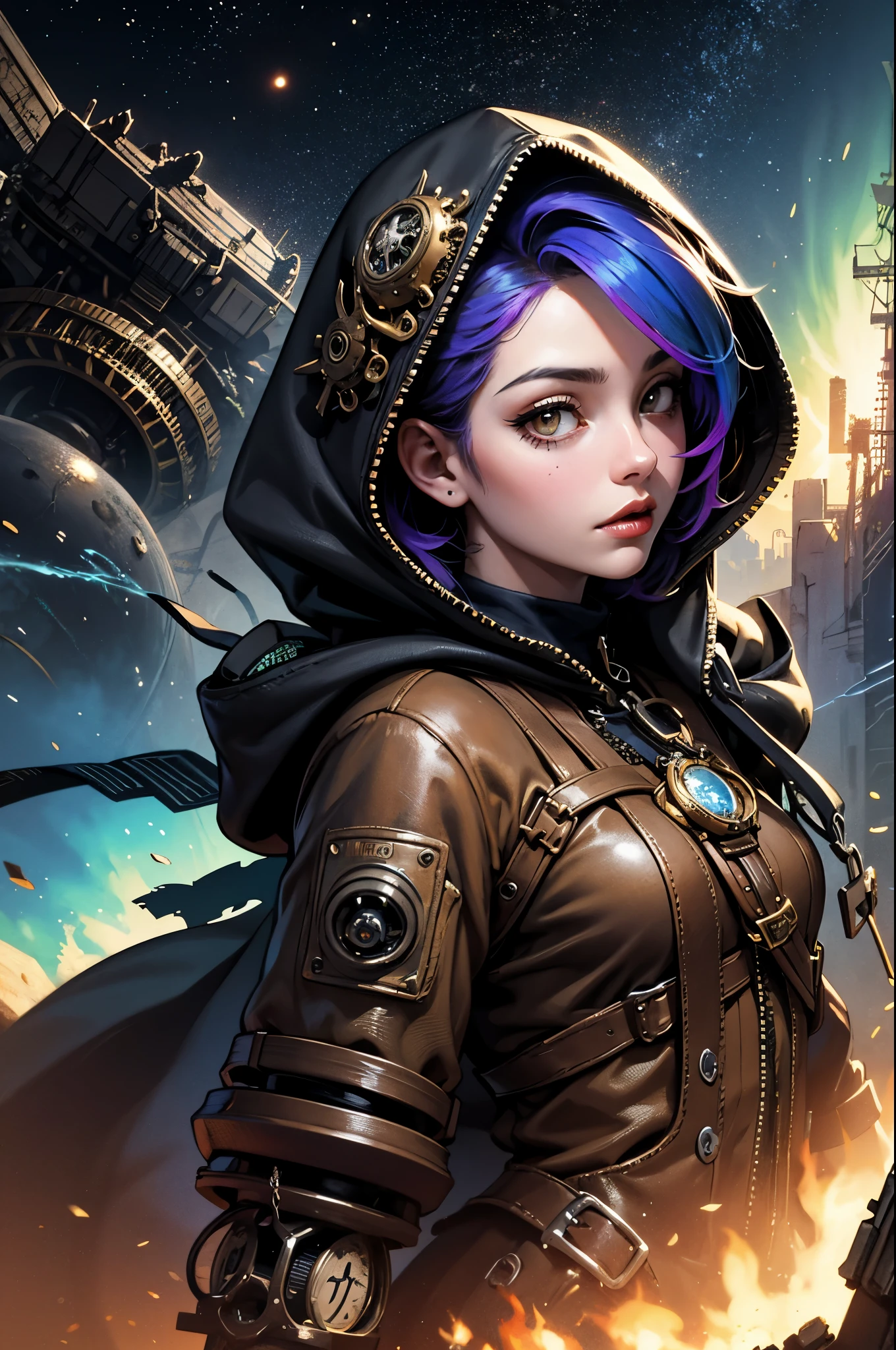 1girl,(rainbow colored_hair, post apocalyptic, steampunk, hooded steampunk tactical gear and goggles:1.1),(zentangle, mandala, tangle, entangle:0.6),(fractal, atmospheric, psychedelic, aesthetic,,cosmic, colorful, dreamlike art),the most beautiful form of chaos,brutalist designed, metal fragments and debris blowing in the wind