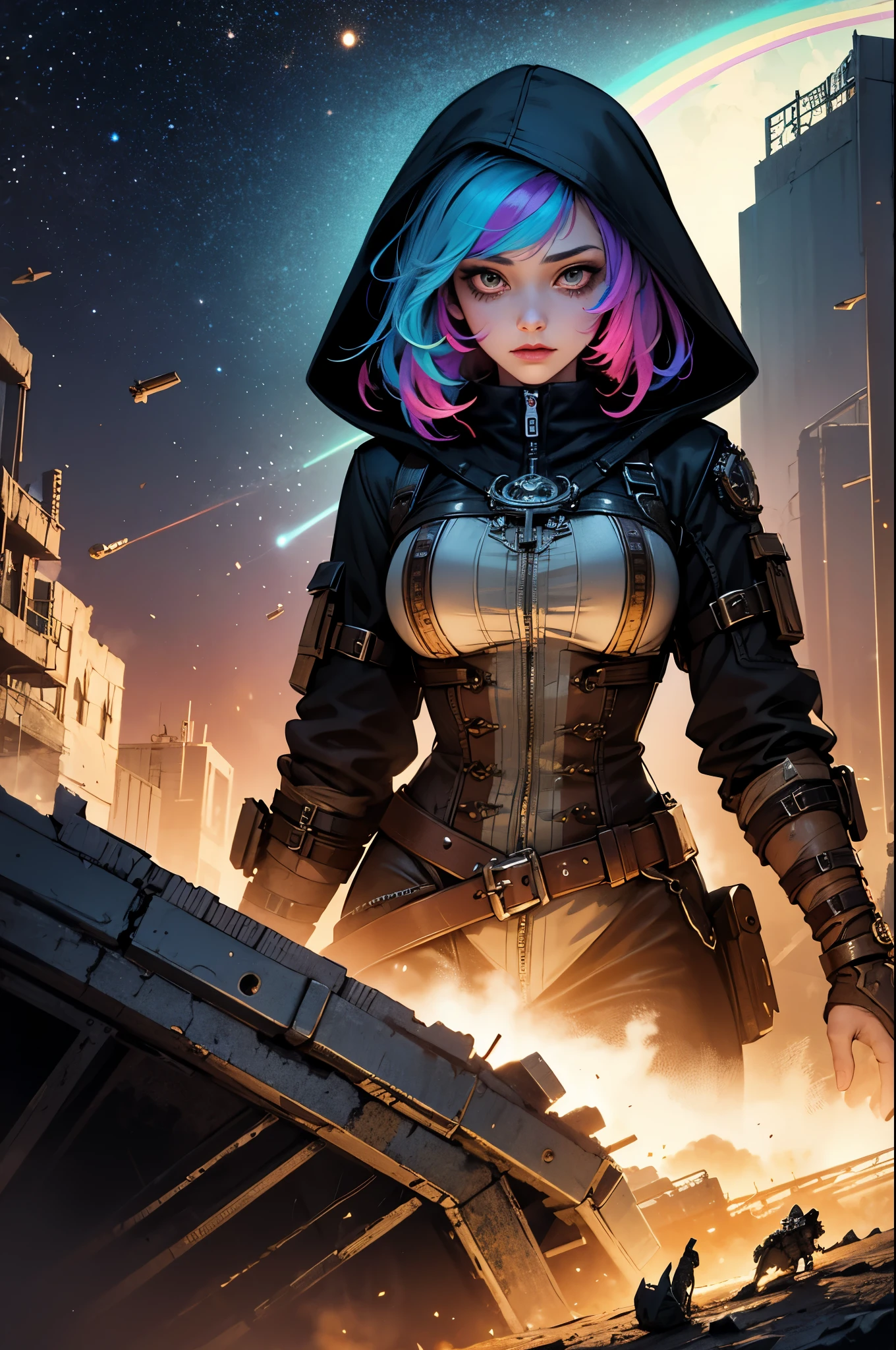 1girl,(rainbow colored_hair, post apocalyptic, steampunk, hooded steampunk tactical gear and goggles:1.1),(zentangle, mandala, tangle, entangle:0.6),(fractal, atmospheric, psychedelic, aesthetic,,cosmic, colorful, dreamlike art),the most beautiful form of chaos,brutalist designed, metal fragments and debris blowing in the wind