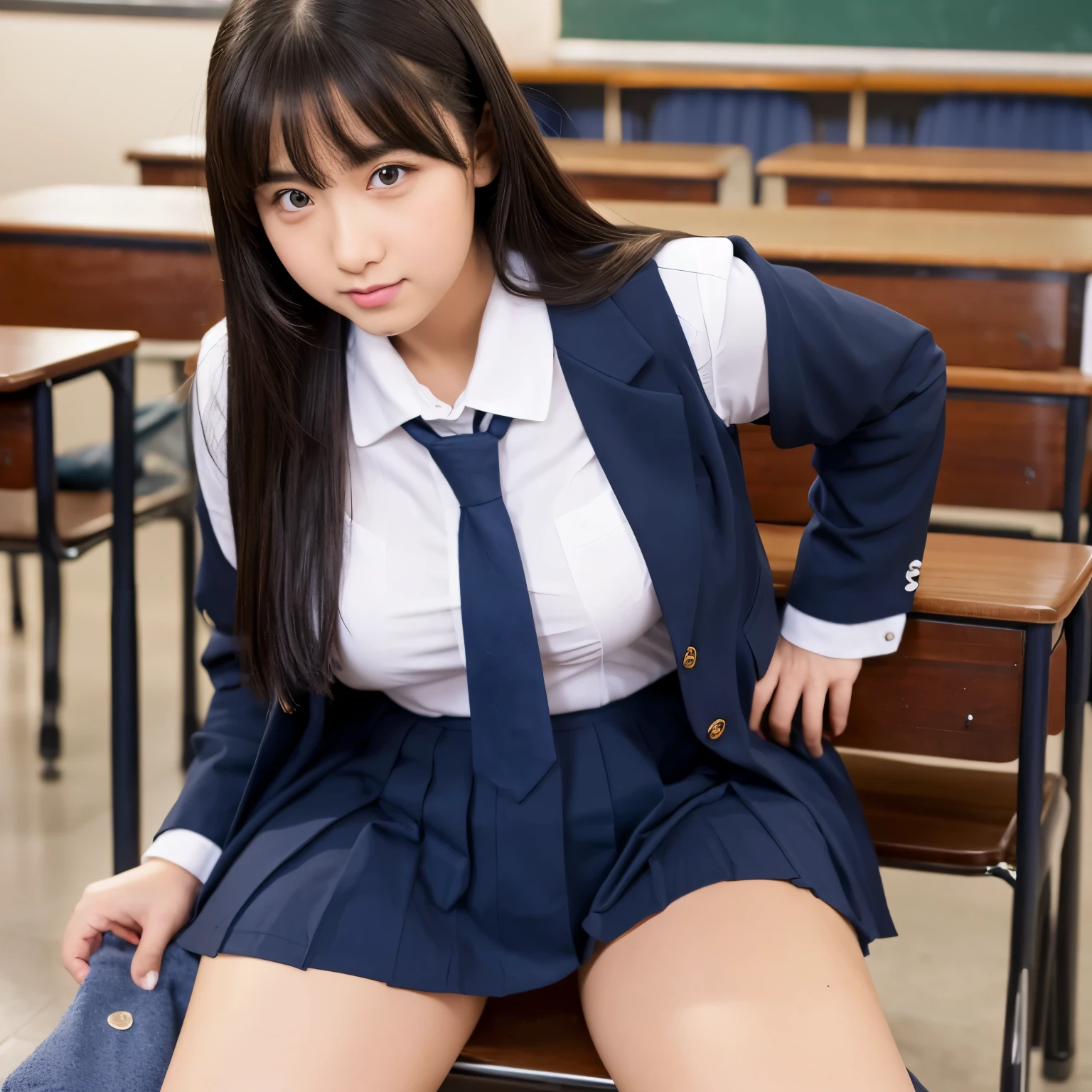 Chubby junior high school girl in uniform、She seduces me by looking at me with a naughty expression in the classroom.、her underwear is exposed、Chest bulge is visible、trying to kiss me