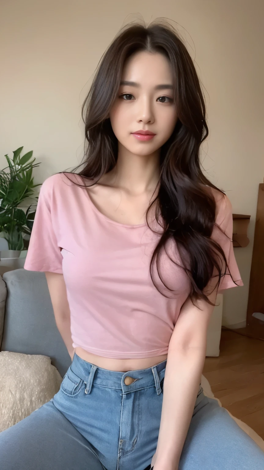 ((top-quality、8k、​masterpiece:1.3))、Beautiful woman with perfect body:1.4、slim abdomen:1.2、Longhair, normal breast, Highly detailed facial and skin texture, A detailed eye, delicate eyes, double eyelid, (smile), (full body shot), ((living room)), (sitting on sofa), (((wearing pink casual t-shirt))), looking in front