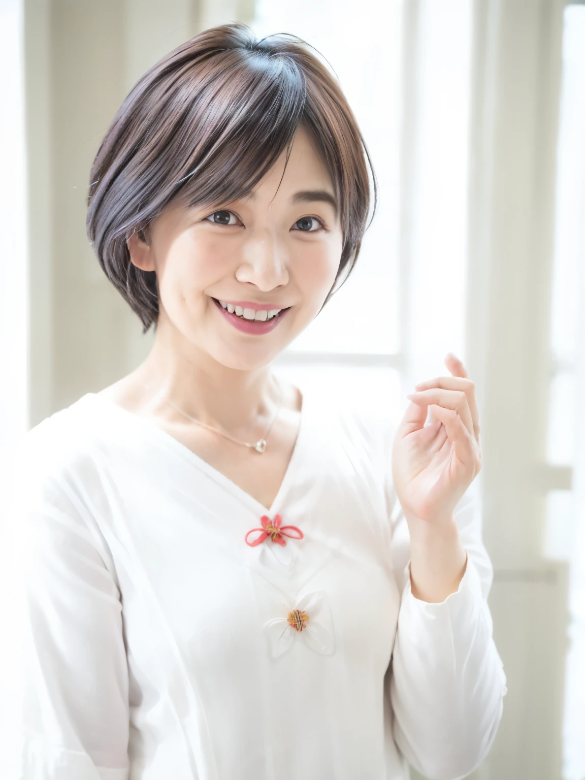(highest quality、8K、32K、masterpiece、nffsw:1.2)、Photo of Japanese woman in her 50s、facial wrinkles、very short bobbed hair、Upper body、necklace、shot from above、Don'Don'Don'Don'don't look at the audience、(realistic、Photoreal:1.37)、1 girl、Shot in natural light、Physically based rendering、excellent image quality、High resolution、1080P、(Detailed facial description)、(Detailed explanation of hands)、(Detailed CG)、Rich details、(exquisite features)、(best image quality)、(masterpiece)、(fine eyes)、delicate clavicle、Versatile poses、profile、white wall、Taken in front of the white door、(窓のあるwhite wallの部屋)、earrings、laughter、Spring clothes、 shortcut、short hair、((white blouse))