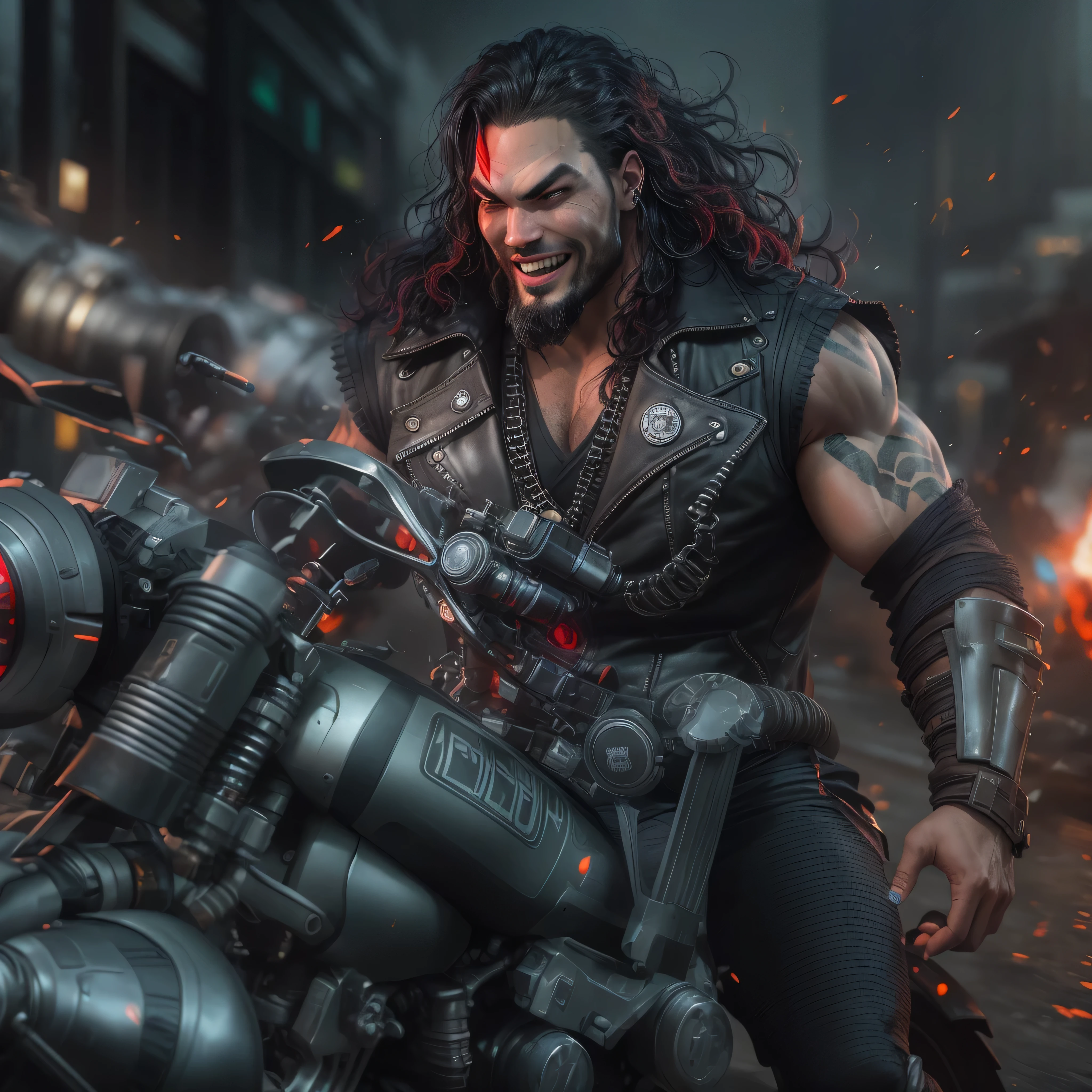 Full body image, a photo of Jason Momoa as Lobo from DC comics, Evil grin, muscular, ((((ghostly super pale skin)))), (((red eyes))), sleeveless black biker vest, riding star wars hoverbike, Intricate, High Detail, Sharp focus, dramatic, photorealistic digital art, photo-realistic, octane render, unreal engine, ultra-realistic
