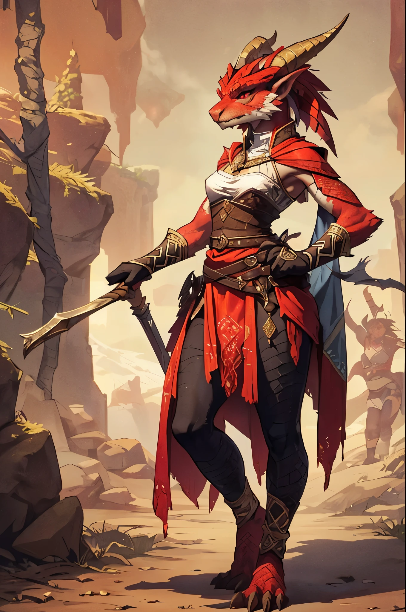 masterpiece, (1man:1), extremely detailed female character, full body shot, best quality, dnd, dungeons and dragons, (thin, athletic, pointy ears), (red dragonborn, anthro, horns, red eyes, scales skin, damaged), medieval era, fantasy clothes, anime style, (medieval fantasy thin small tribal cloth, tribal warrior)