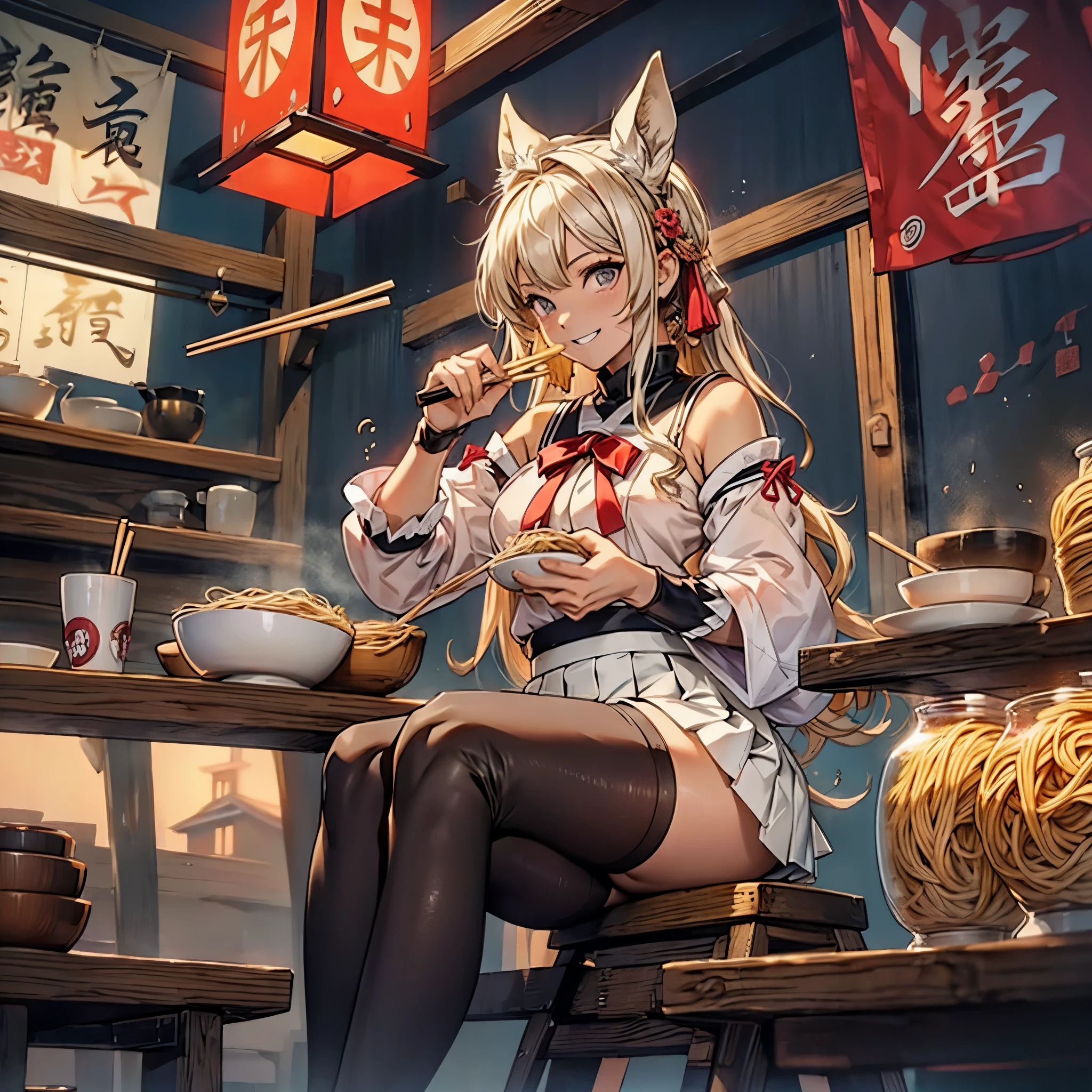 masterpiece, top quality, bewitching pose, full body wide angle, smile, (sitting:1.1) ,ichiraku ramen, (eating ramen noodles:1.0), holding chopsticks and ramen bowl, slurp one's noodles,, silence suzuka (umamusume), black gloves, white skirt, pleated skirt, black pantyhose, layered sleeves, puffy short sleeves, short over long sleeves, black bow, festival, AIKA, seethru, HDR, 8k, absurdres, cinestill 800, sharp focus, add_detail:2, (solo, woman)