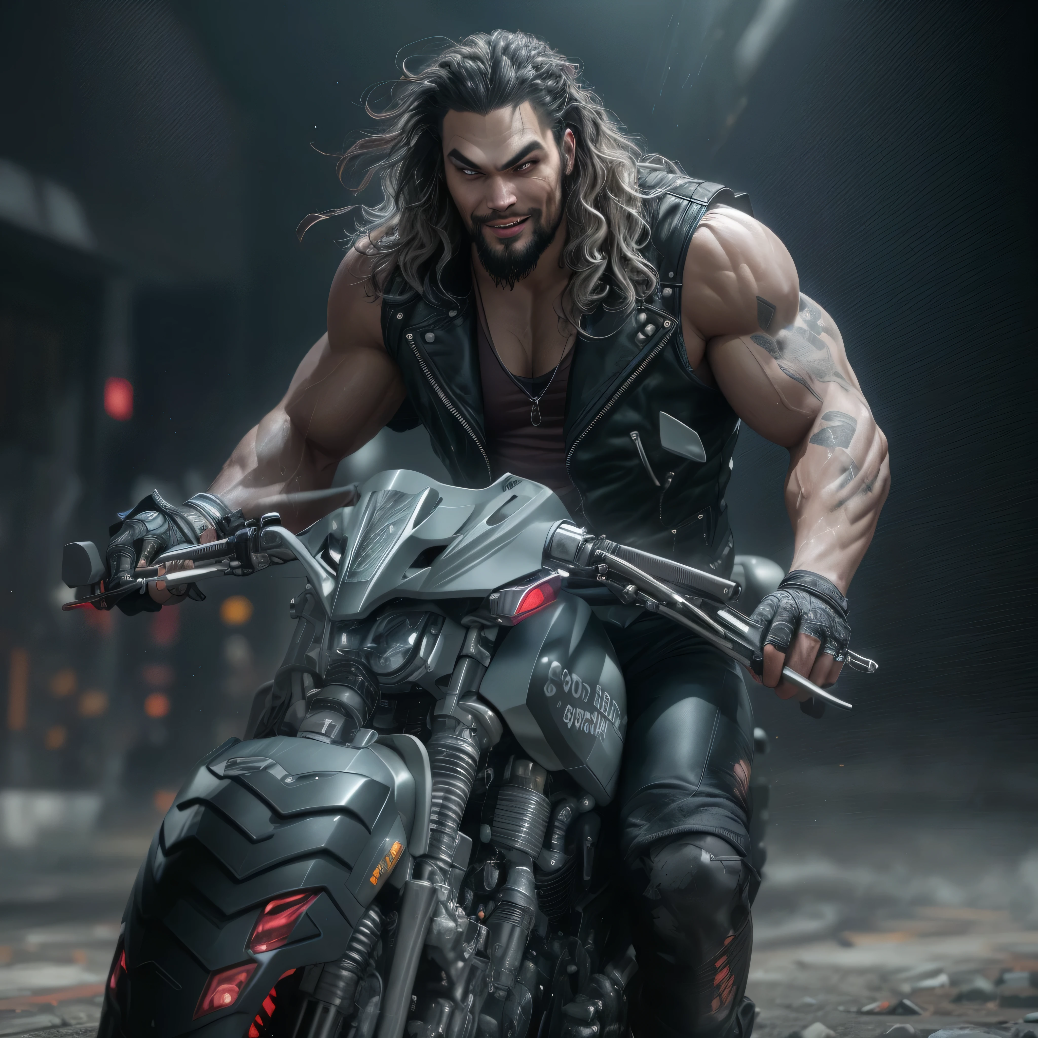 Full body image, a photo of Jason Momoa as Lobo from DC comics, Evil grin, muscular, ((((ghostly super pale skin)))), (((red eyes))), sleeveless black biker vest, riding star wars hoverbike, Intricate, High Detail, Sharp focus, dramatic, photorealistic digital art, photo-realistic, octane render, unreal engine, ultra-realistic
