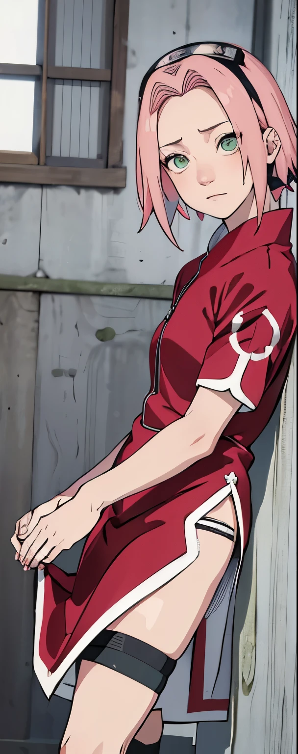 ((Best quality)), ((masterpiece)), ((details)), no background image, The image background is plain white, there is no background, perfect body, perfect face, sakura haruno, standing, looking at viewer, 1girl, solo, short hair, pink hair, green eyes, hands clenched into fists, black gloves, both hands clasped, open clothed, open wear, open the dressed, qipao dress red colour with round white mark in the middle clothes, open dress, seen underwear, black underwear, tight shortpants, transparent shortpant, seen pussy, detail, white thigh tie on right thigh, black high boot, black high knee sock, realistic, ultra high image quality, 8k, 8k wallpaper, 70mm lens camera.