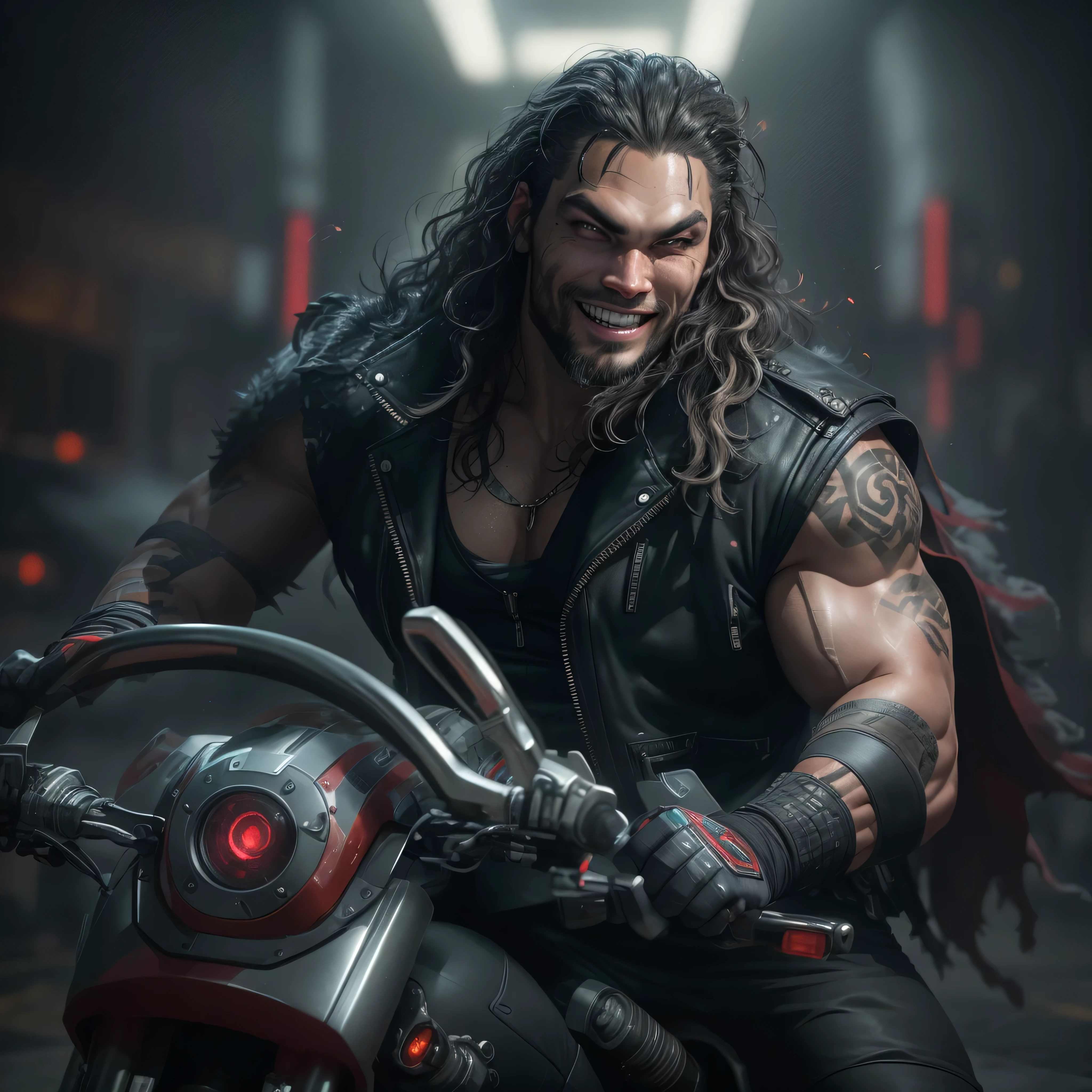 Full body image, a photo of Jason Momoa as Lobo from DC comics, Evil grin, muscular, ((((ghostly super pale skin)))), (((red eyes))), sleeveless black biker vest, riding star wars hoverbike, Intricate, High Detail, Sharp focus, dramatic, photorealistic digital art, photo-realistic, octane render, unreal engine, ultra-realistic