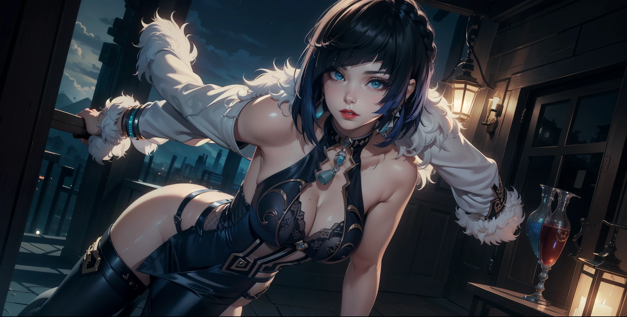 ((masterpiece)),(bestquality),((ultra-detailed)), ((beautiful detailed sky)), ((cinematic lighting)), depth of field, (dynamic angle),detailed lighting,((beautiful detailed eyes)), (night sky view), red lip, smile,eyeshadow, sexy, cleavage, ((dynamic poses)), ((bare thighs)) , ((off shoulders)), ((yelanrnd))