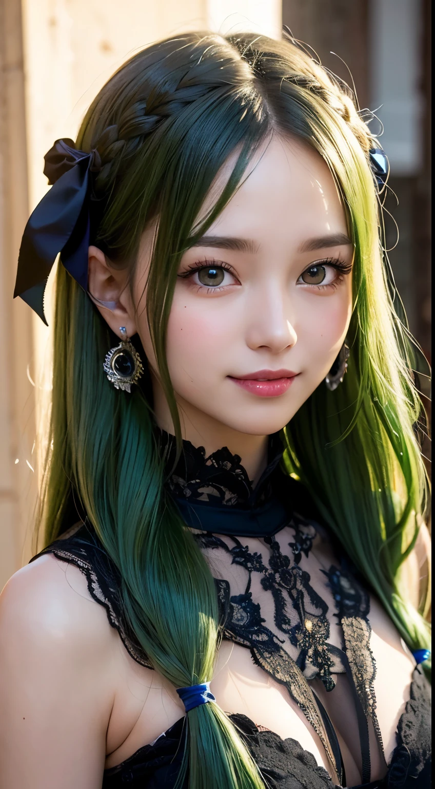 ((best quality, 8K, masterpiece)), ultra-detailed, sharp focus, 1 cute girl, (long green hair), (hair ribbon), black idol costume, highly detailed face and skin texture, ((detailed eyes)), ((beautiful eyes)), smile, three-quarter length