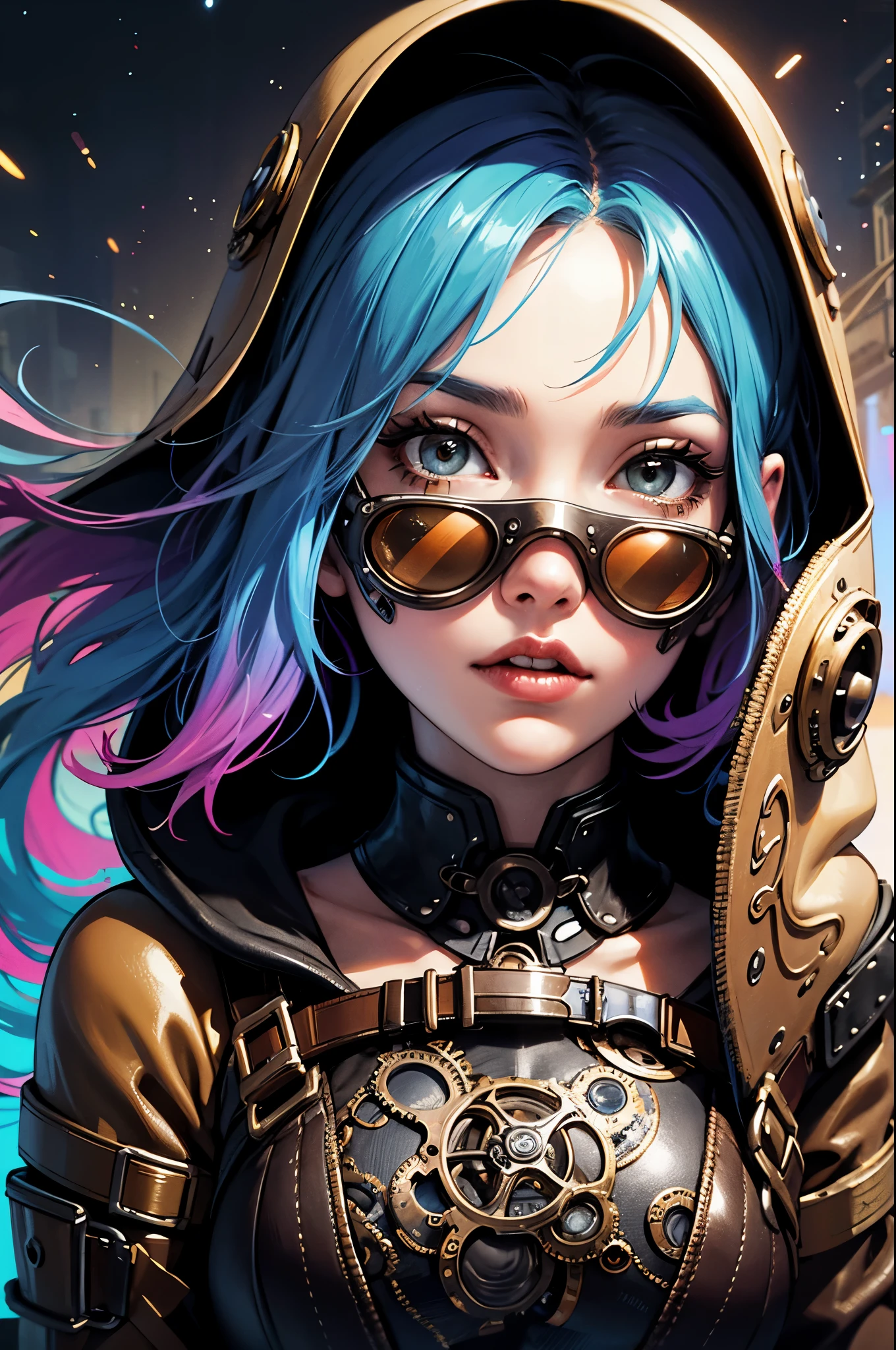 1girl,(rainbow colored_hair, post apocalyptic, steampunk, hooded steampunk tactical gear and goggles:1.1),(zentangle, mandala, tangle, entangle:0.6),(fractal, atmospheric, psychedelic, aesthetic,,cosmic, colorful, dreamlike art),the most beautiful form of chaos,brutalist designed, metal fragments and debris blowing in the wind
