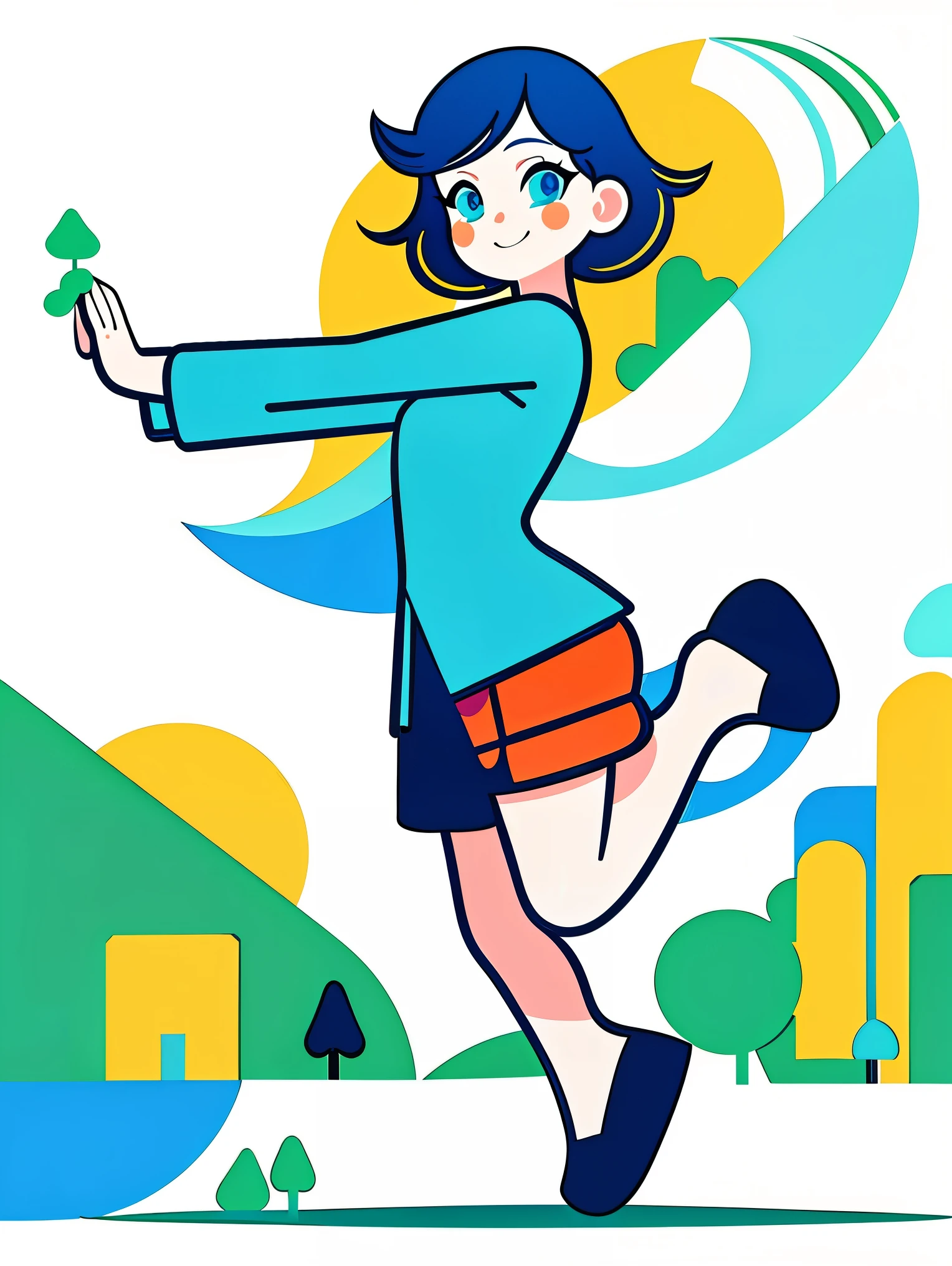 (Flat art style, UI vector style), (A girl practicing Tai Chi in a green park:1.2), With rosy cheeks and a bright smile, she is dressed in casual, comfortable clothing. The park is full of green grass, blue skies, green trees, and blooming flowers. The atmosphere is lively with bright colors. (Simple illustration), (Smooth line art:1.2), (Minimalist, with a white background), (Graphic design aesthetic), (anatomically correct, flat illustration)