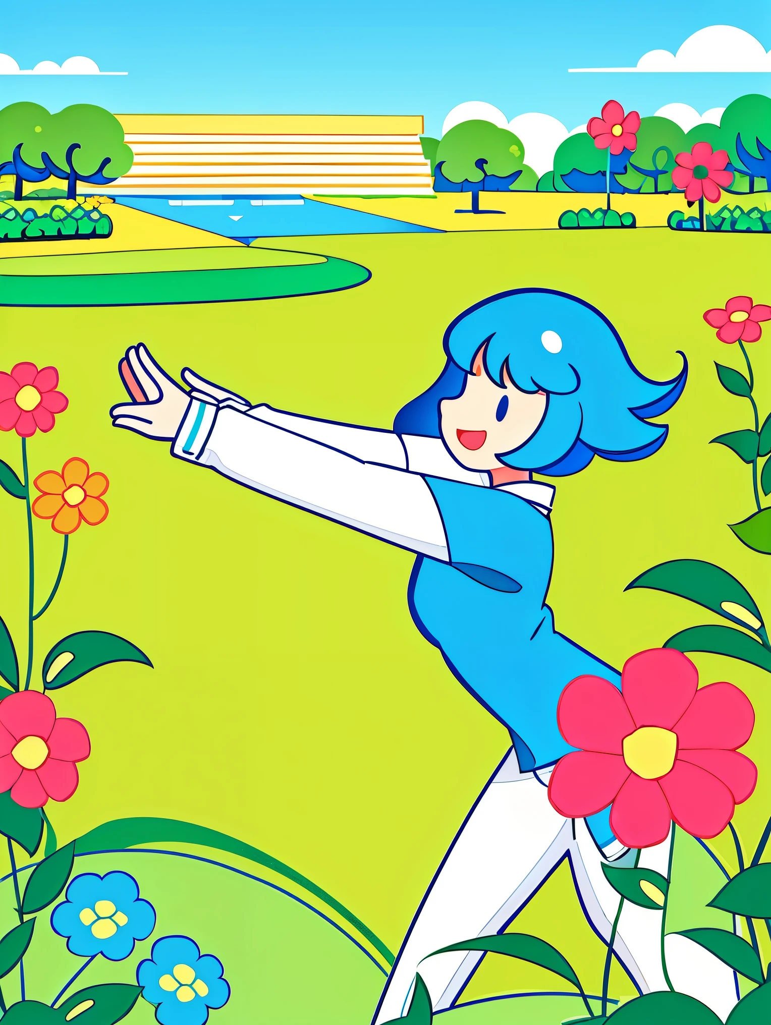 (Flattening，UI vector style), (1 girl)，((Practicing Tai Chi in Green Park))，rosy cheeks，(smile)，Wear casual and comfortable clothing，(garden，On the grass，blue sky，dense with greenery，flowers bloom), Bright colors，Cheerful atmosphere，(Simple illustration)，(smooth line art:1.2), (Minimalism), White background，(graphic design aesthetics)，(flat illustration)