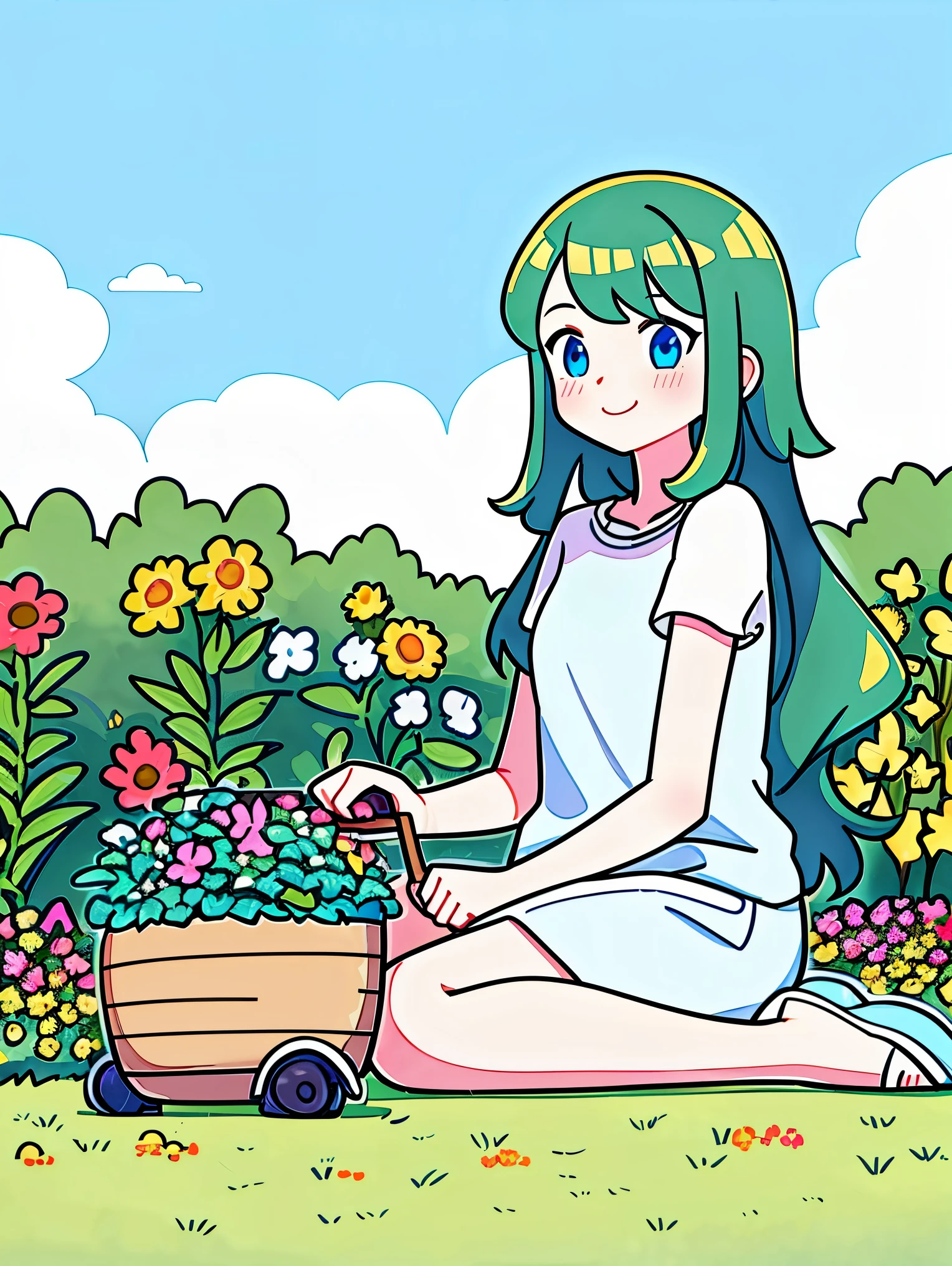 (Flattening,UI vector style), (1 girl),(Practicing Tai Chi in Green Park),rosy cheeks,(smile),Wear casual and comfortable clothing,((garden,On the grass,blue sky,dense with greenery,flowers bloom)), Bright colors,Cheerful atmosphere,(Simple illustration),(smooth line art:1.2), (Minimalism), White background,(graphic design aesthetics),(flat illustration)