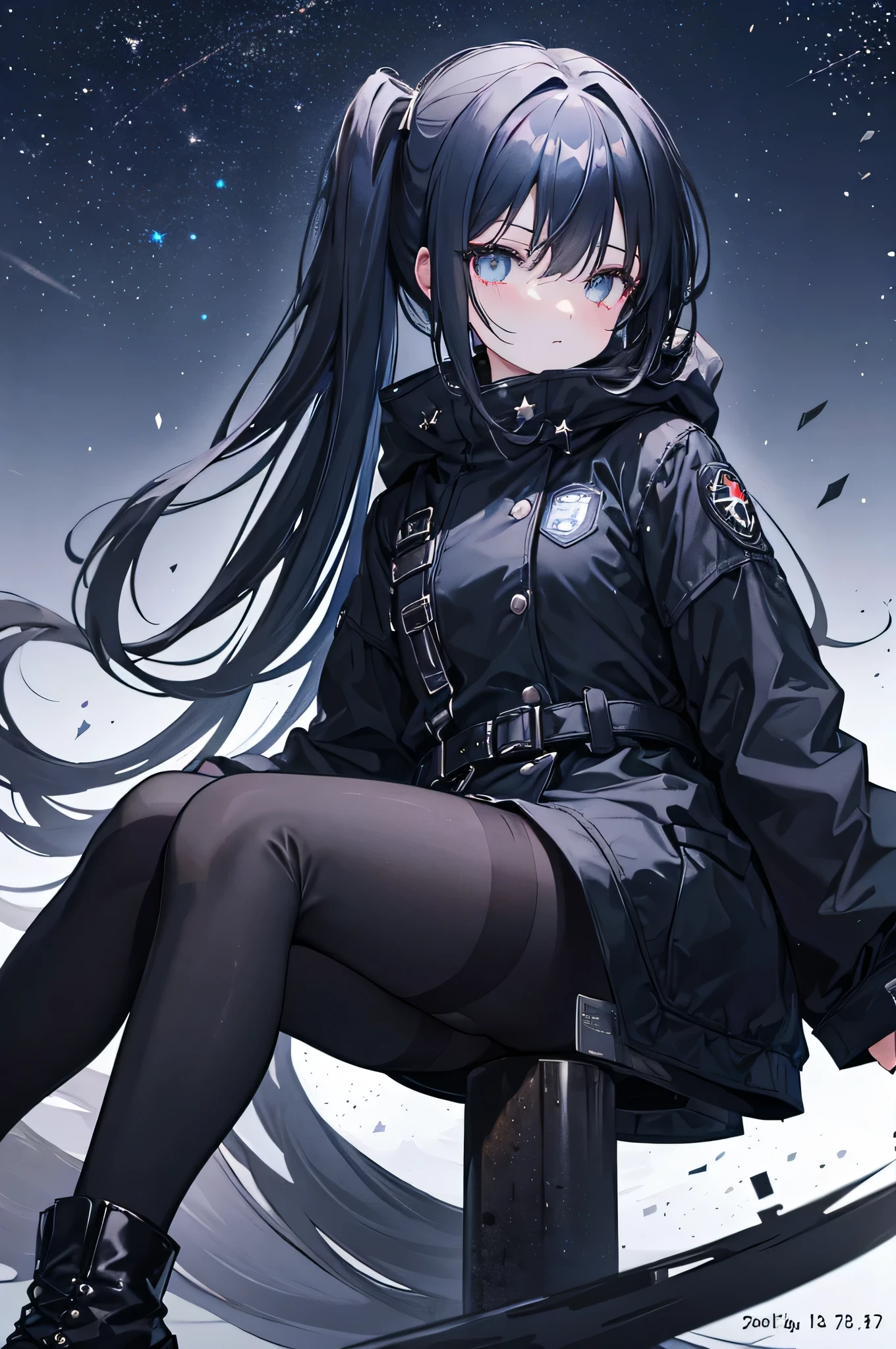 black pantyhose,starry eyes,Black parka,black belt,starry sky,night,dark blue hair,side ponytail,long white hair,Black knee-high boots,hair covering one eye,,Waiting to begin,calm