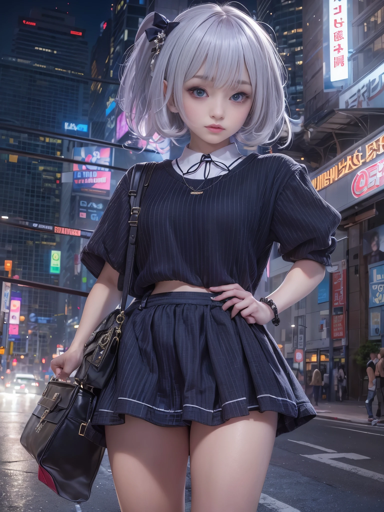 (8k, RAW photo, masterpiece:1.3), (realistic, photo-realistic:1.37), (night), (looking at viewer:1.331), (white hair), posing, Tokyo street, nightcityscape, cyberpunk city, soft light, 1girl, extremely beautiful face, bust, put down hands, Random hairstyle, Random expression, big eyes, lower abdomen, (short-sleeved .JK_shirt), JK_style, (dark blue JK_skirt), (bow JK_tie), mix4., best quality