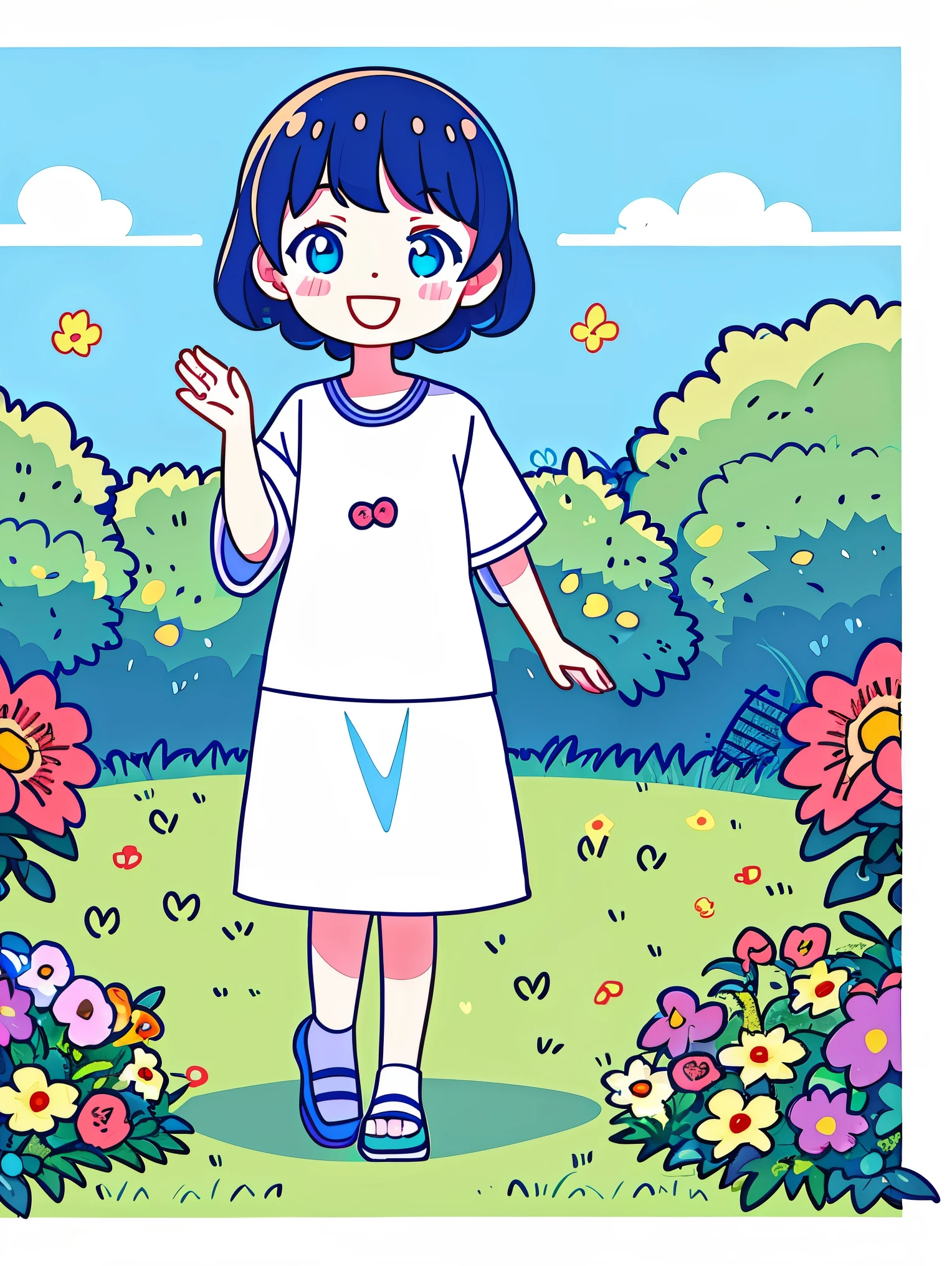 (Flattening，UI vector style), (1 girl)，(Practicing Tai Chi in Green Park)，rosy cheeks，(smile)，Wear casual and comfortable clothing，((garden，On the grass，blue sky，dense with greenery，flowers bloom)), Bright colors，Cheerful atmosphere，(Simple illustration)，(smooth line art:1.2), (Minimalism), White background，(graphic design aesthetics)，(flat illustration)