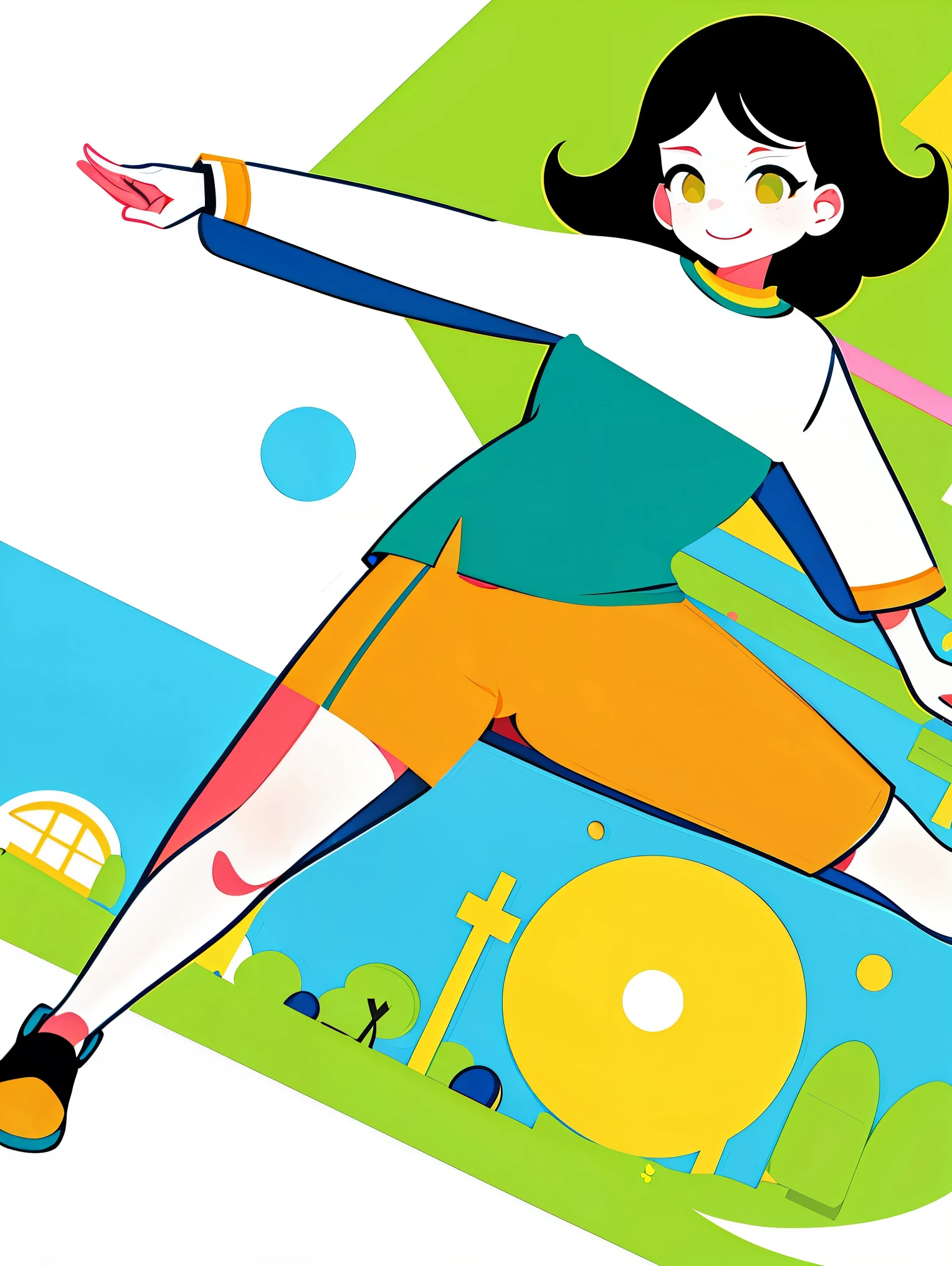 (Flat art style, UI vector style), (A girl practicing Tai Chi in a green park:1.5), With rosy cheeks and a bright smile, she is dressed in casual, comfortable clothing. The park is full of green grass, blue skies, green trees, and blooming flowers. The atmosphere is lively with bright colors. (Simple illustration), (Smooth line art:1.2), (Minimalist, with a white background), (Graphic design aesthetic), (anatomically correct, flat illustration)