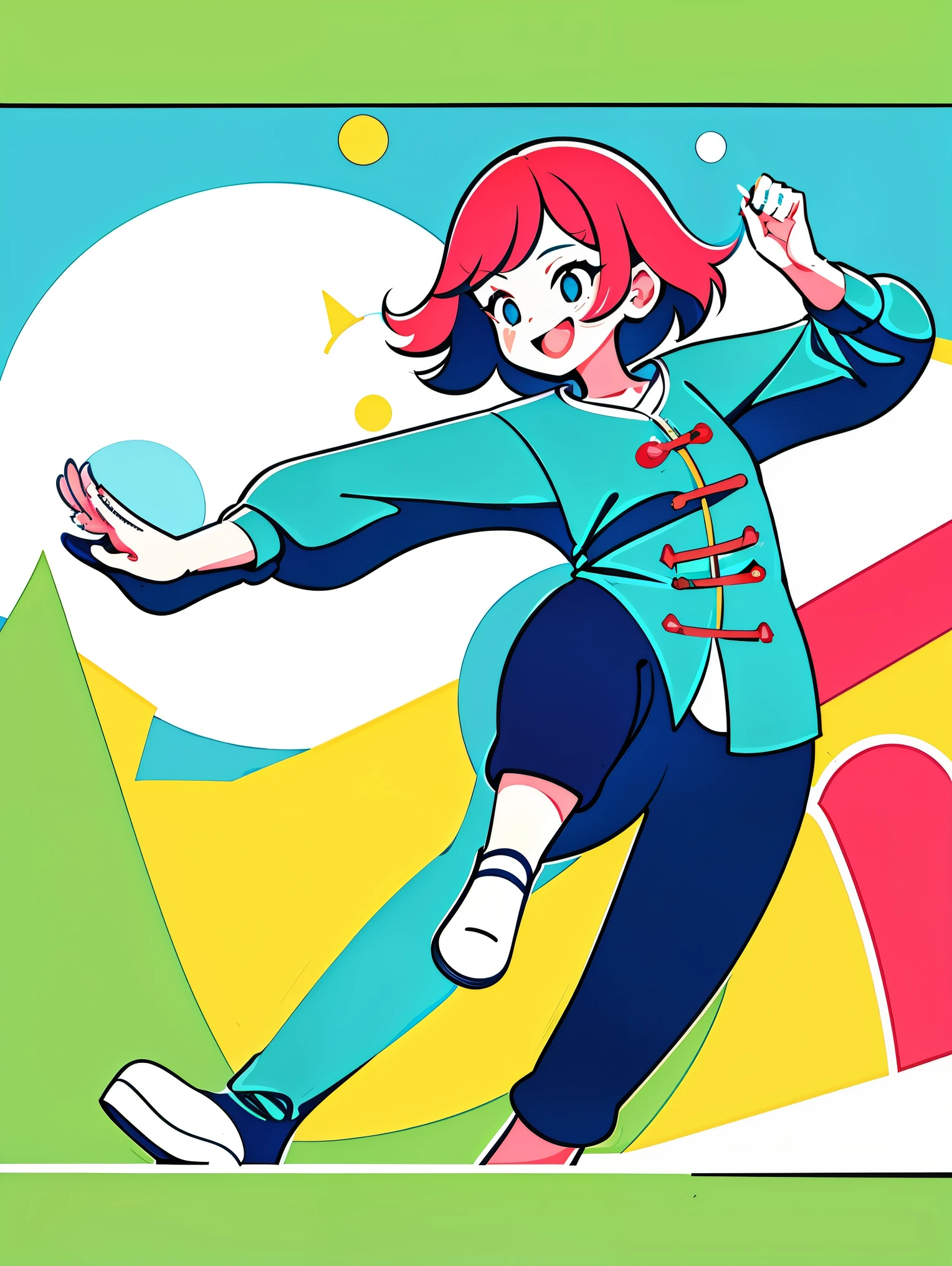 (Flat art style, UI vector style), (A girl practicing Tai Chi in a green park:1.5), With rosy cheeks and a bright smile, she is dressed in casual, comfortable clothing. The park is full of green grass, blue skies, green trees, and blooming flowers. The atmosphere is lively with bright colors. (Simple illustration), (Smooth line art:1.2), (Minimalist, with a white background), (Graphic design aesthetic), (anatomically correct, flat illustration)
