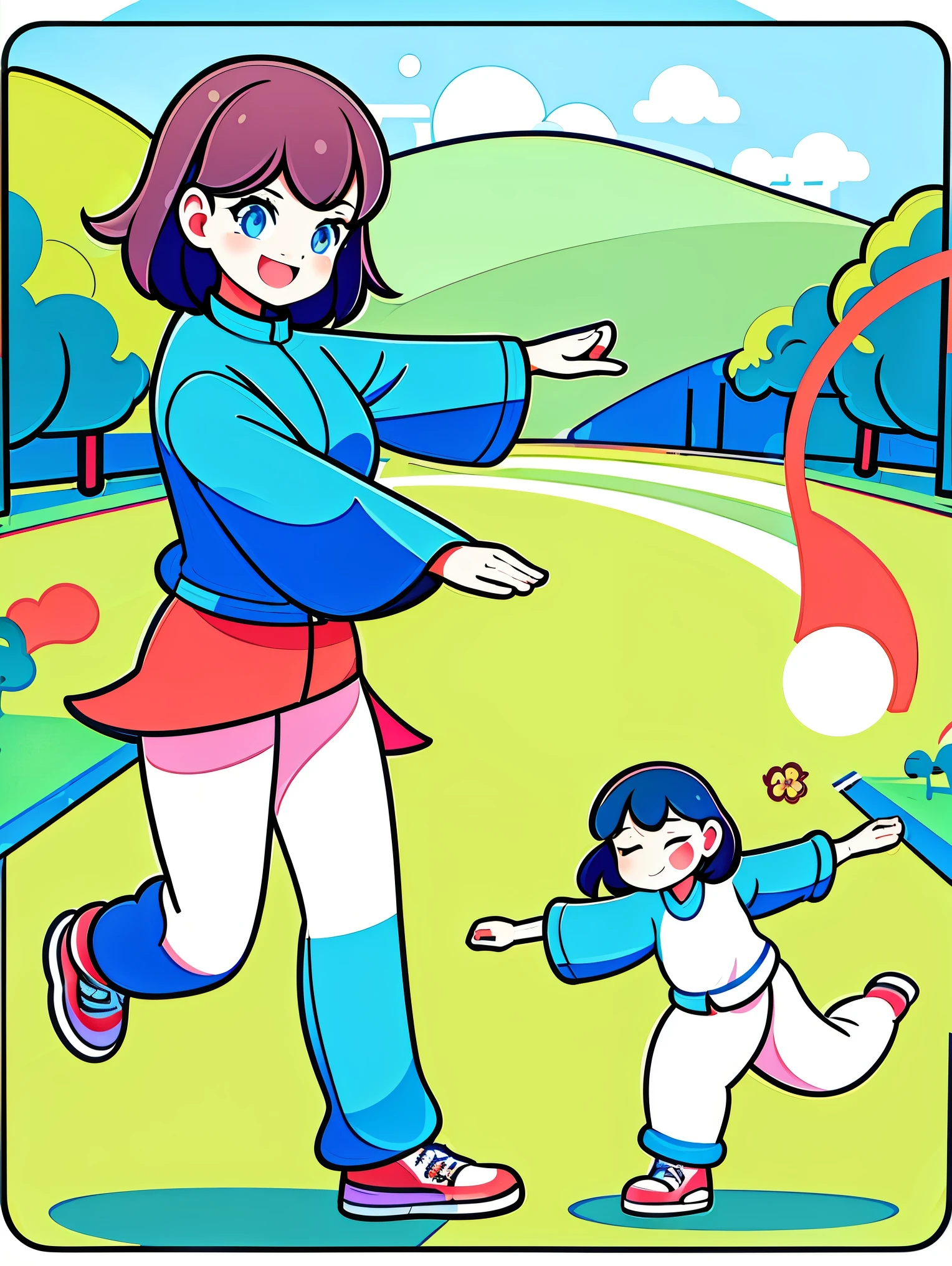 (Flat art style, UI vector style), (A girl practicing Tai Chi in a green park:1.5), With rosy cheeks and a bright smile, she is dressed in casual, comfortable clothing. The park is full of green grass, blue skies, green trees, and blooming flowers. The atmosphere is lively with bright colors. (Simple illustration), (Smooth line art:1.2), (Minimalist, with a white background), (Graphic design aesthetic)