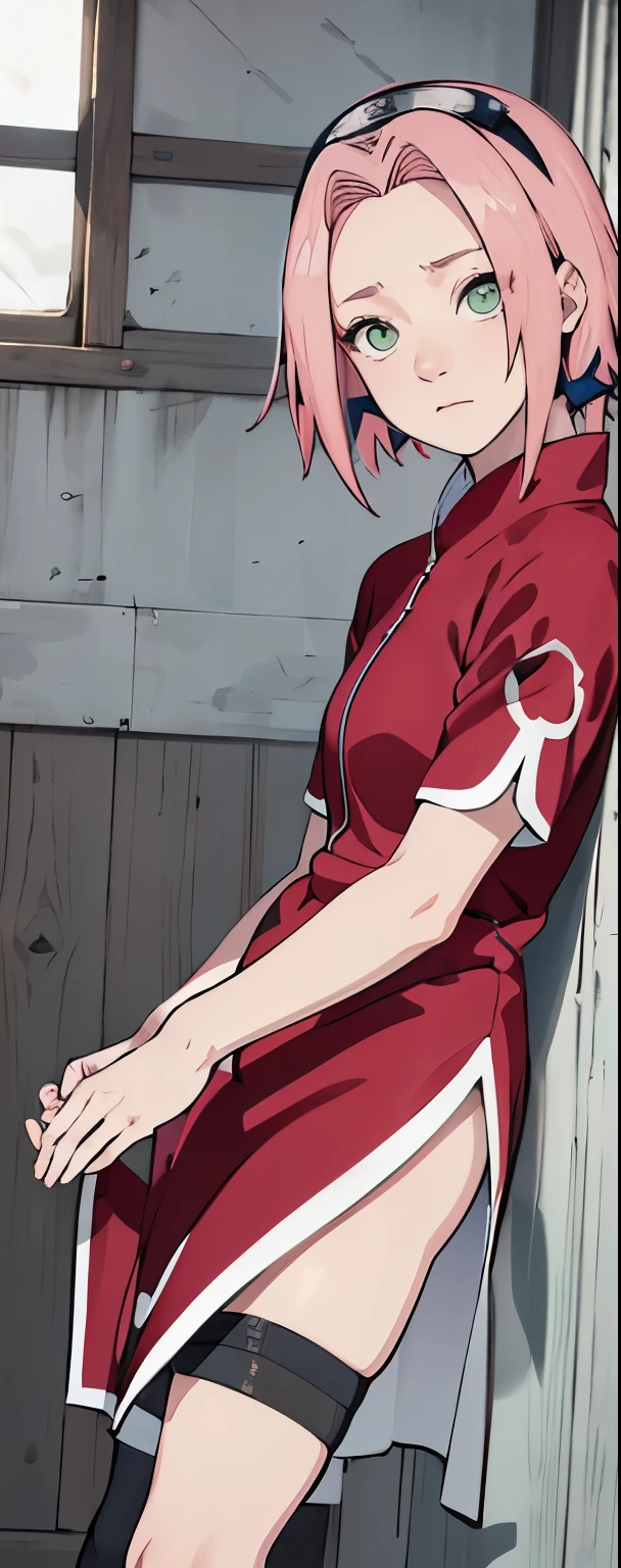 ((Best quality)), ((masterpiece)), ((details)), no background image, The image background is plain white, there is no background, perfect body, perfect face, sakura haruno, standing, looking at viewer, 1girl, solo, short hair, pink hair, green eyes, hands clenched into fists, black gloves, both hands clasped, open clothed, open wear, open the dressed, qipao dress red colour with round white mark in the middle clothes, open dress, seen underwear, black underwear, tight shortpants, transparent shortpant, seen pussy, detail, white thigh tie on right thigh, black high boot, black high knee sock, realistic, ultra high image quality, 8k, 8k wallpaper, 70mm lens camera.