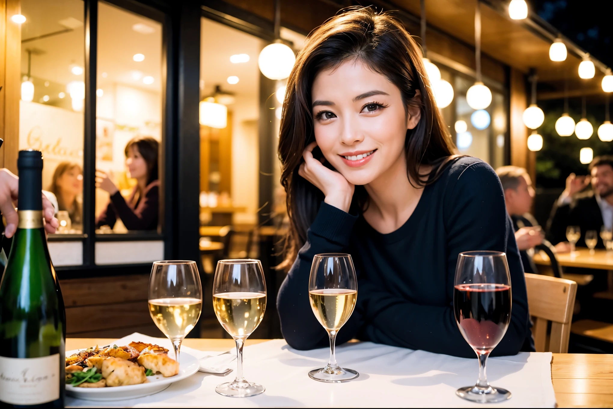 64k, UHD, highest quality, masterpiece: 1.2), (realistic, photorealistic: 1.37),やわらかなsmile、kind expression、 Super detailed, celebration party、beauty、Charm、beautiful mature woman、3 women who love wine、three men、Kobe、Yokohama、champagne、Sparkling wine、winter night、restaurantでワイン宴会、(slimな男女4名),(Wine party for 5 people)、(slimフェイス),Happy、 最高なsmile、Fox Face、Berry Short、(because I&#39;thin), (brown hair), (shortcut), long sleeve shirt、winter fashion、Colombia、Brazilian、Japanese、Dutch、German、Portuguese、Belgian、Italian、french, (gushing), (slimボティ), (brown hair), (shortcut), 端正なbeauty、cheeks blush a little, (41 years old), 38 years old, 35 years old、32 years old、29yo、 A beautiful and detailed night view spreads out outside the window........, restaurant, wine glassが座っている, At night, in a prominent place (from the Upper body) nova frog style, actress, model, Upper body, White wine, slim, wine glass, very beautiful night view, wine glass Put in the Middle, Happy smile, (smile: 1.15), 