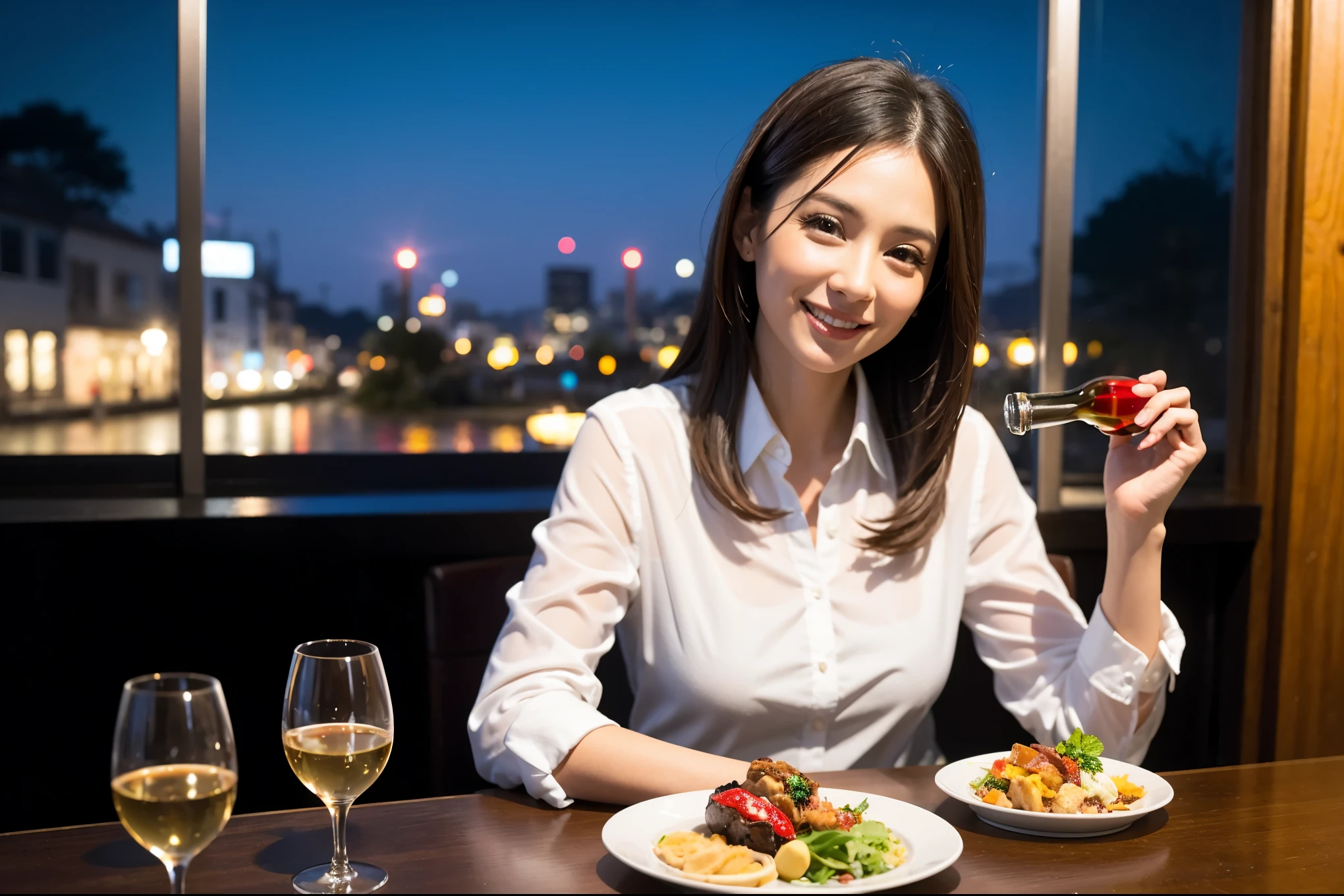 64k, UHD, highest quality, masterpiece: 1.2), (realistic, photorealistic: 1.37),やわらかなsmile、kind expression、 Super detailed, celebration party、beauty、Charm、beautiful mature woman、3 women who love wine、three men、Kobe、Yokohama、champagne、Sparkling wine、winter night、restaurantでワイン宴会、(slimな男女4名),(Wine party for 5 people)、(slimフェイス),Happy、 最高なsmile、Fox Face、Berry Short、(because I'thin), (brown hair), (shortcut), long sleeve shirt、winter fashion、Colombia、Brazilian、Japanese、Dutch、German、Portuguese、Belgian、Italian、french, (gushing), (slimボティ), (brown hair), (shortcut), 端正なbeauty、cheeks blush a little, (41 years old), 38 years old, 35 years old、32 years old、29yo、 A beautiful and detailed night view spreads out outside the window........, restaurant, wine glassが座っている, At night, in a prominent place (from the Upper body) nova frog style, actress, model, Upper body, White wine, slim, wine glass, very beautiful night view, wine glass Put in the Middle, Happy smile, (smile: 1.15),