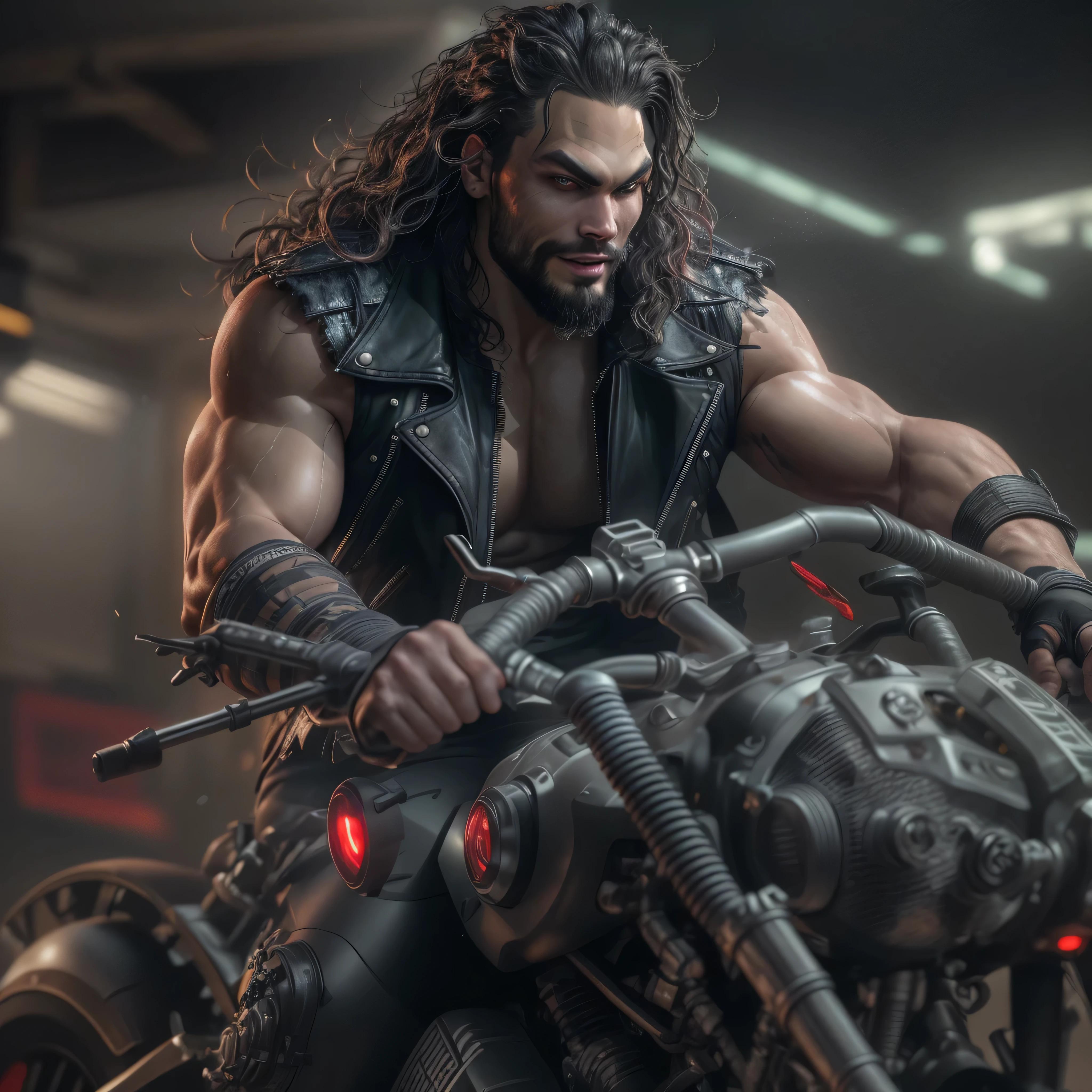 Full body image, a photo of Jason Momoa as Lobo from DC comics, Evil grin, muscular, ((((ghostly super pale skin)))), (((red eyes))), sleeveless black biker vest, riding star wars hoverbike, Intricate, High Detail, Sharp focus, dramatic, photorealistic digital art, photo-realistic, octane render, unreal engine, ultra-realistic