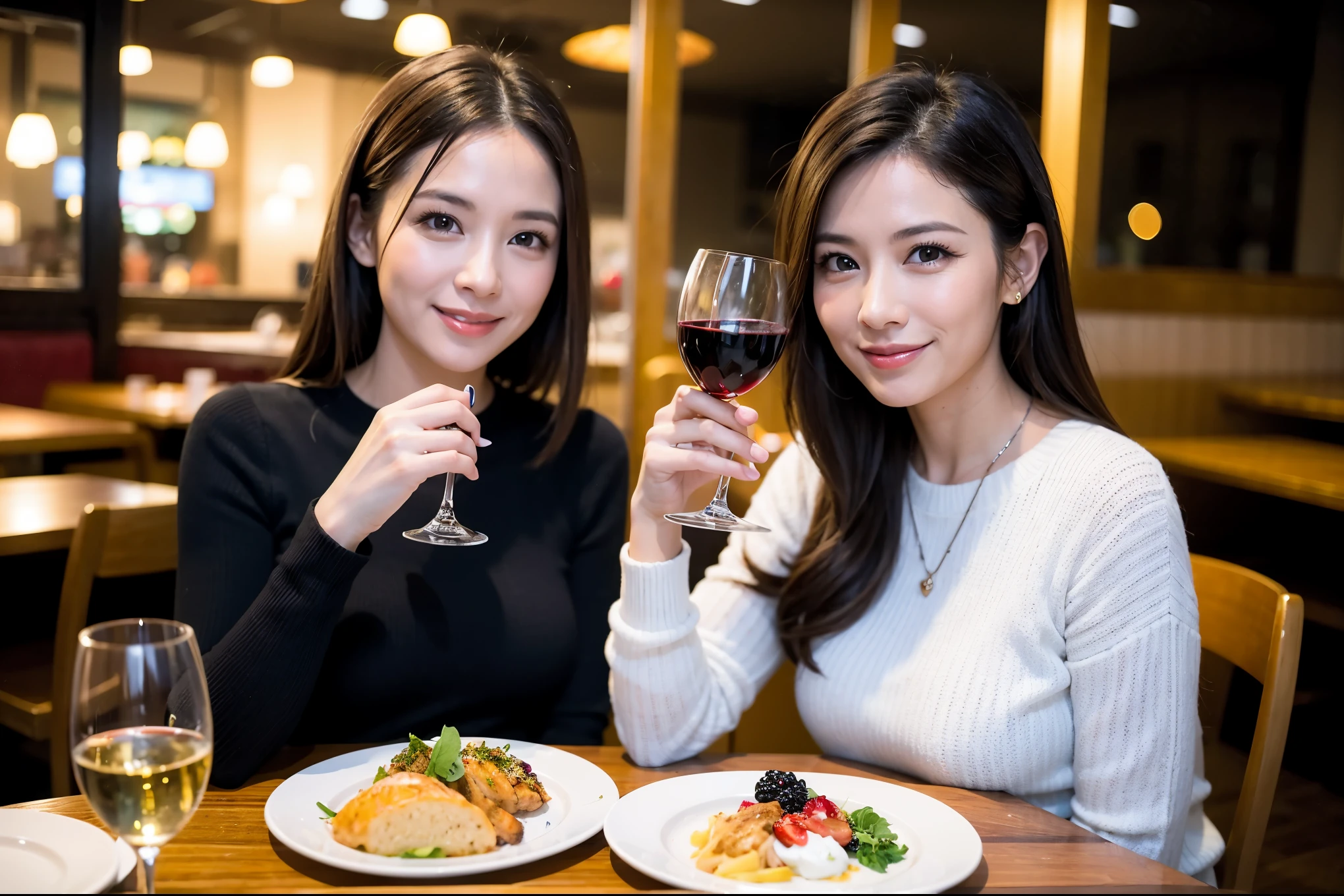64k, UHD, highest quality, masterpiece: 1.2), (realistic, photorealistic: 1.37),やわらかなsmile、kind expression、 Super detailed, celebration party、beauty、Charm、beautiful mature woman、3 women who love wine、three men、Kobe、Yokohama、champagne、Sparkling wine、winter night、restaurantでワイン宴会、(slimな男女4名),(Wine party for 5 people)、(slimフェイス),Happy、 最高なsmile、Fox Face、Berry Short、(because I&#39;thin), (brown hair), (shortcut), long sleeve shirt、winter fashion、Colombia、Brazilian、Japanese、Dutch、German、Portuguese、Belgian、Italian、french, (gushing), (slimボティ), (brown hair), (shortcut), 端正なbeauty、cheeks blush a little, (41 years old), 38 years old, 35 years old、32 years old、29yo、 A beautiful and detailed night view spreads out outside the window........, restaurant, wine glassが座っている, At night, in a prominent place (from the Upper body) nova frog style, actress, model, Upper body, White wine, slim, wine glass, very beautiful night view, wine glass Put in the Middle, Happy smile, (smile: 1.15), 