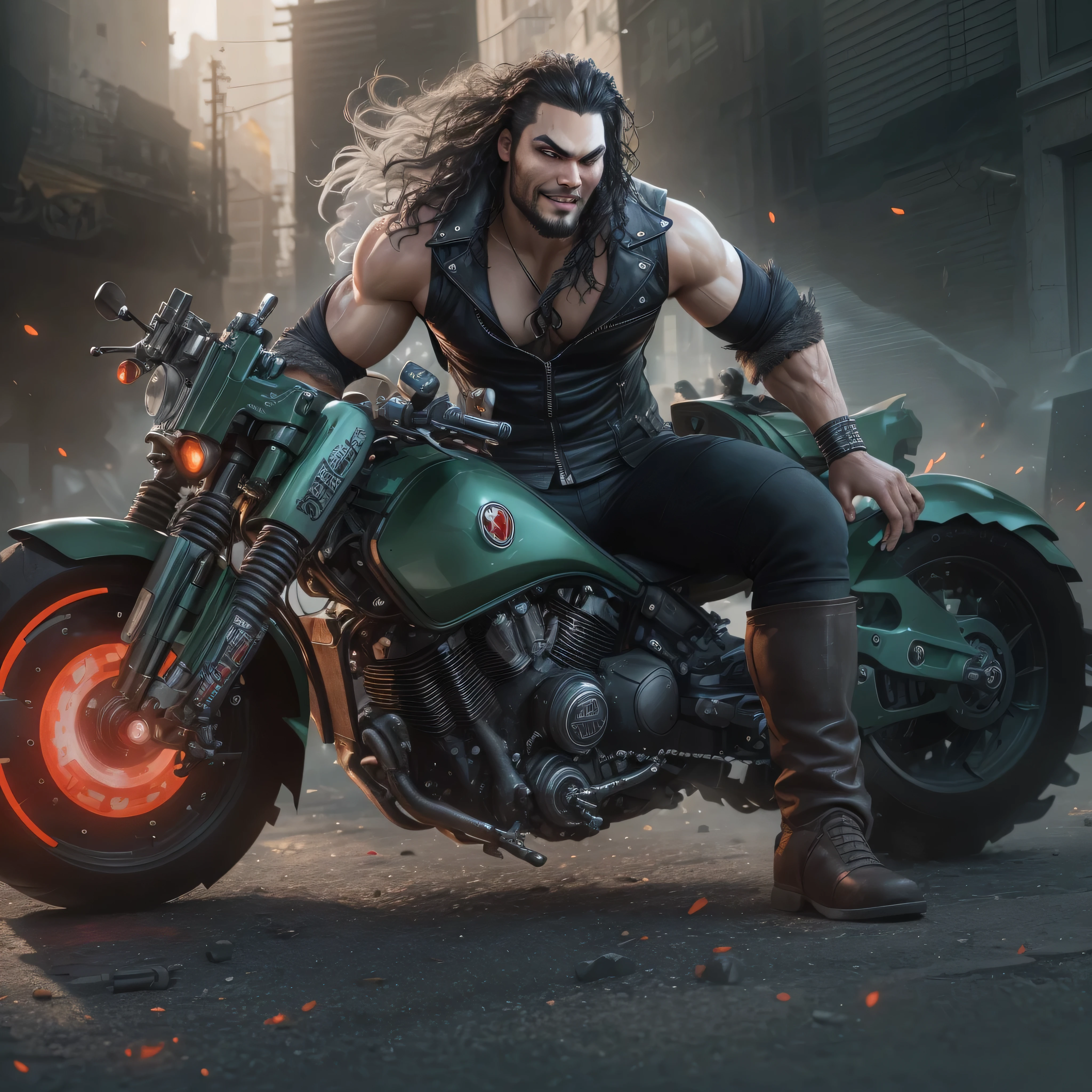 Full body image, a photo of Jason Momoa as Lobo from DC comics, Evil grin, muscular, ((((ghostly super pale skin)))), (((red eyes))), sleeveless black biker vest, riding star wars hoverbike, Intricate, High Detail, Sharp focus, dramatic, photorealistic digital art, photo-realistic, octane render, unreal engine, ultra-realistic