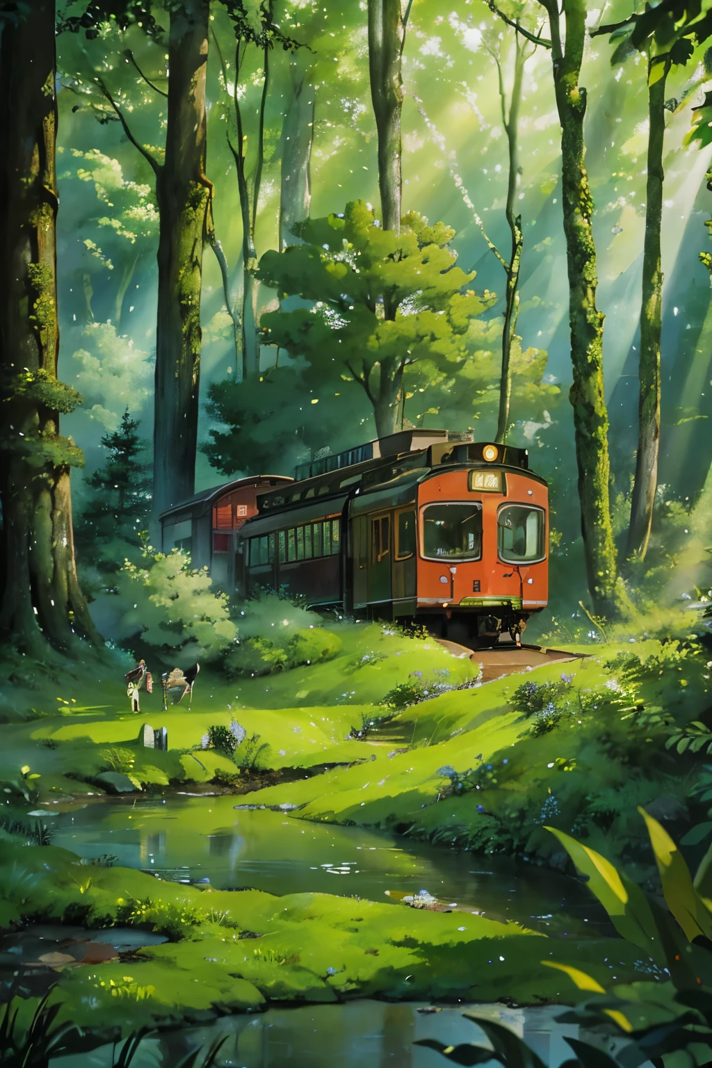 A mesmerizing depiction of a miniature train station nestled within the enchanting depths of a lush forest, captured through the lens of macro photography. The scene captures the ethereal beauty of nature, with a single deer gracefully observing the surroundings. The composition is meticulously crafted, showcasing the immense talent and precision of the artist. Every aspect of the image has been masterfully executed, with the finest details brought to life in stunning clarity. The steam from the train adds a touch of realism, creating a sense of movement and life within the still frame. Shot with a 50mm lens, the image boasts remarkable sharpness and depth, with the highly detailed elements inviting viewers to explore every nook and cranny of this miniature world. The resolution is unparalleled,