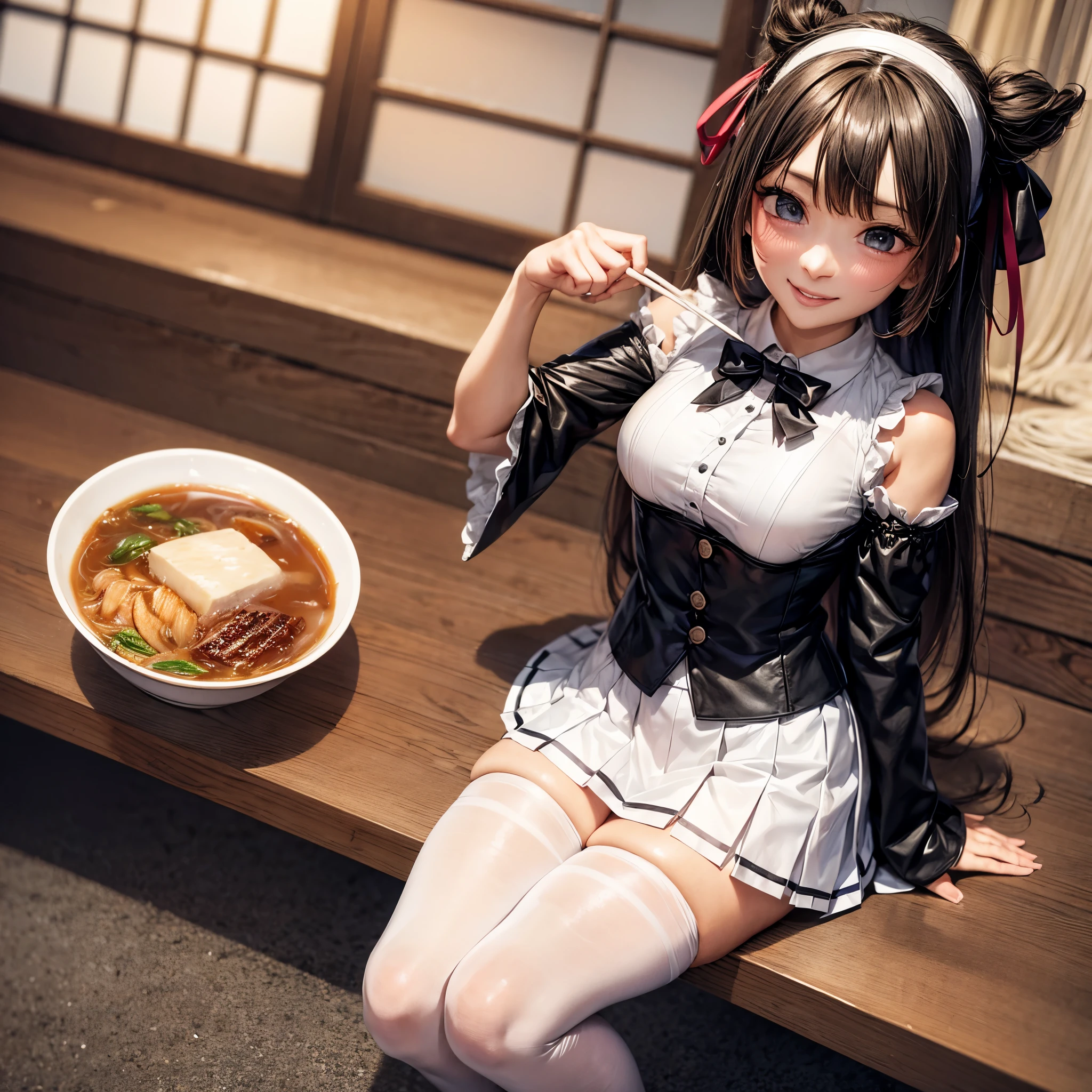 masterpiece, top quality, bewitching pose, full body wide angle, smile, (sitting:1.1) ,ichiraku ramen, (eating ramen noodles:1.0), holding chopsticks and ramen bowl, slurp one's noodles,, silence suzuka (umamusume), black gloves, white skirt, pleated skirt, black pantyhose, layered sleeves, puffy short sleeves, short over long sleeves, black bow, festival, AIKA, seethru, HDR, 8k, absurdres, cinestill 800, sharp focus, add_detail:2, (solo, woman)