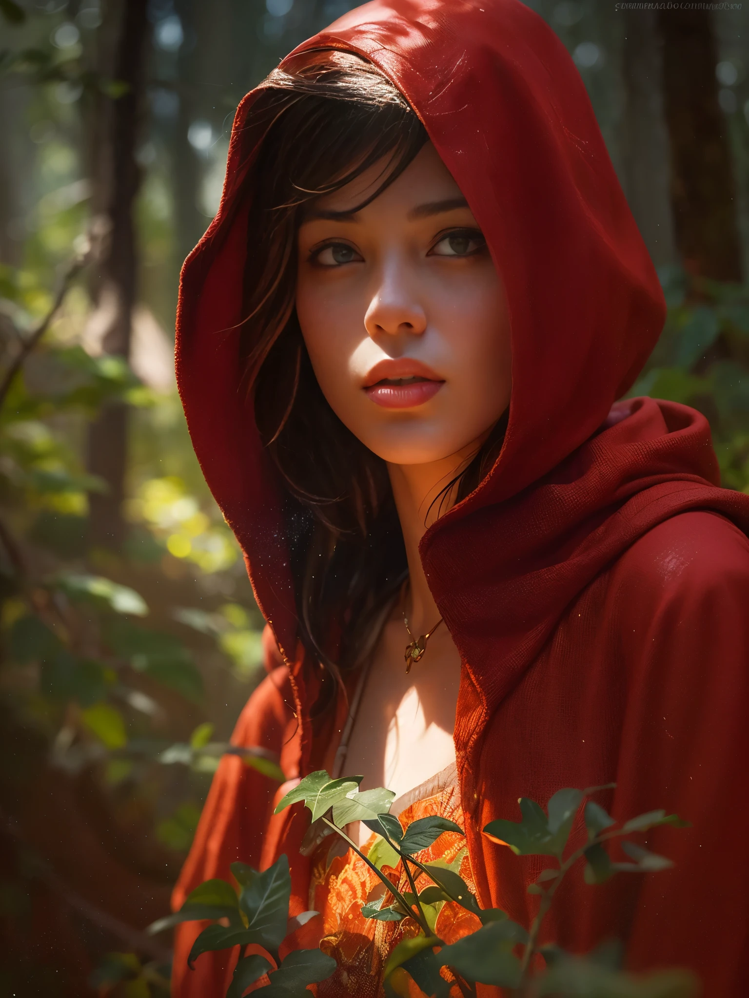 close-up portrait of NewLaraCroft in a forest, (backlight), realistic, masterpiece, highest quality, ((red hooded cloak)), ((scared )), lens flare, shadow, bloom, (( flashes of light)), [chromatic aberration], by Jeremy Lipking, by Antonio J. Manzanedo, by (Alphonse Mucha), digital painting