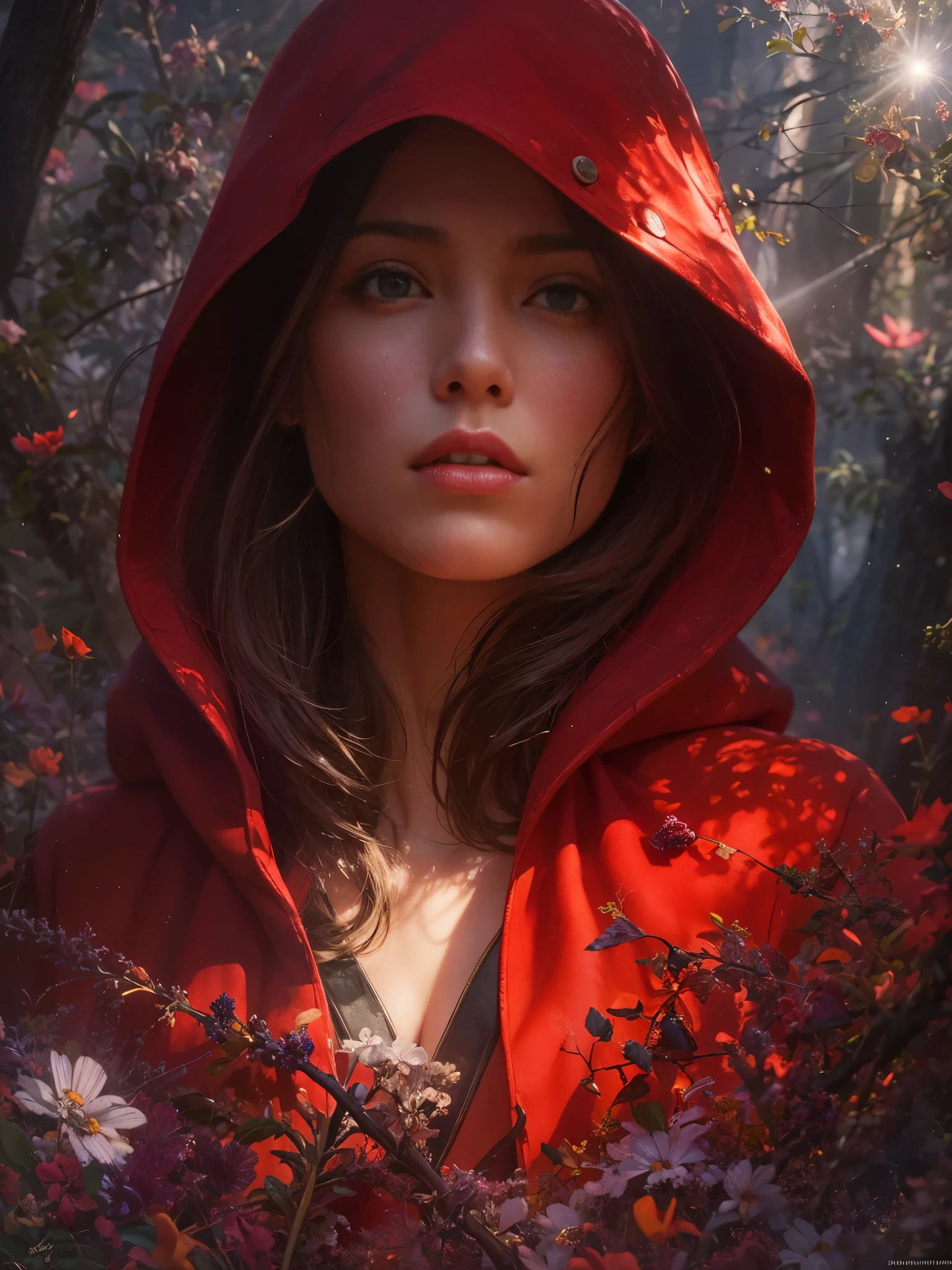 close-up portrait of NewLaraCroft in a forest, (backlight), realistic, masterpiece, highest quality, ((red hooded cloak)), ((scared )), lens flare, shadow, bloom, (( flashes of light)), [chromatic aberration], by Jeremy Lipking, by Antonio J. Manzanedo, by (Alphonse Mucha), digital painting