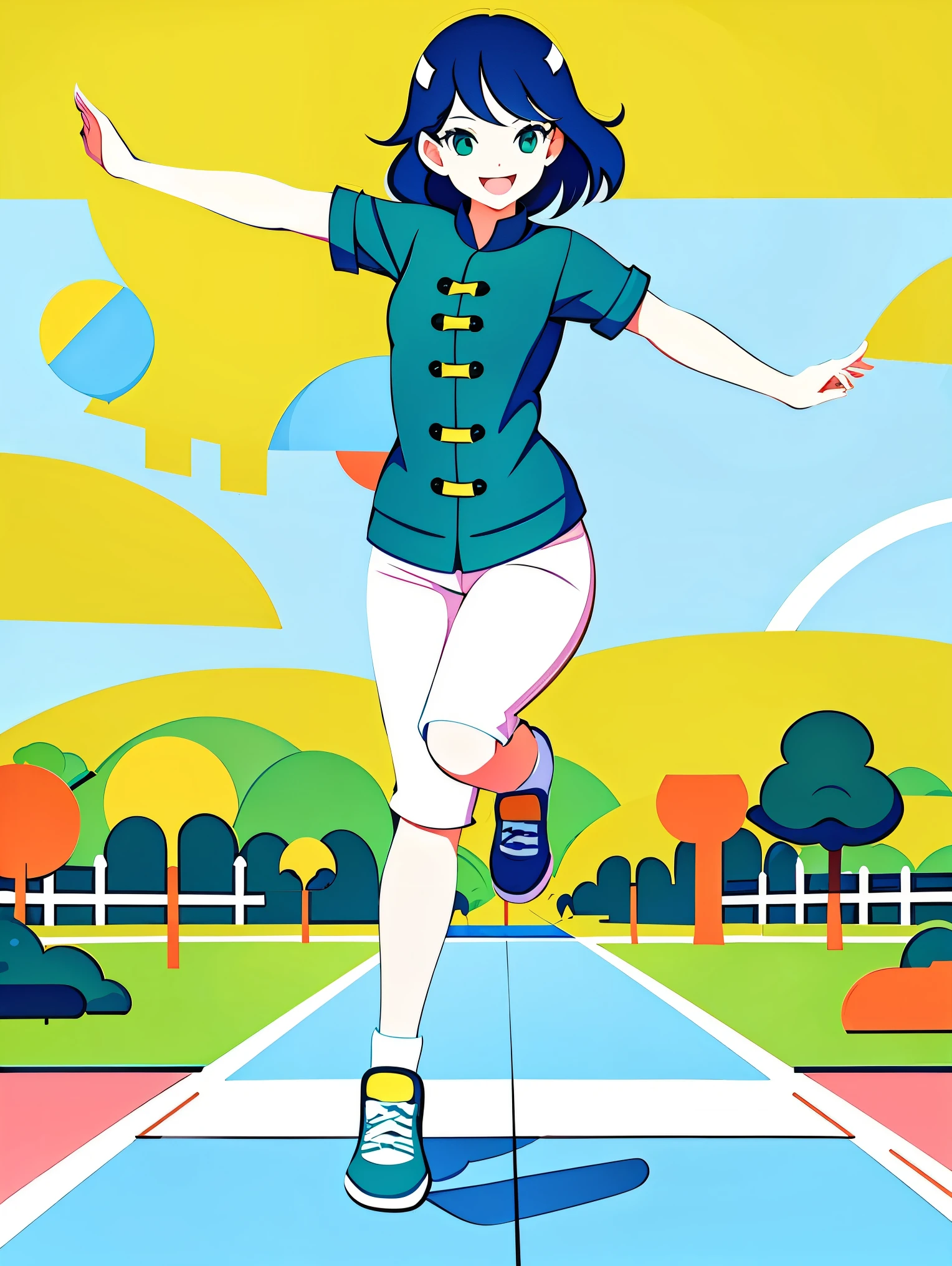 (Flat art style, UI vector style), (A girl practicing Tai Chi in a green park:1.5), With rosy cheeks and a bright smile, she is dressed in casual, comfortable clothing. The park is full of green grass, blue skies, green trees, and blooming flowers. The atmosphere is lively with bright colors. (Simple illustration), (Smooth line art:1.2), (Minimalist, with a white background), (Graphic design aesthetic)