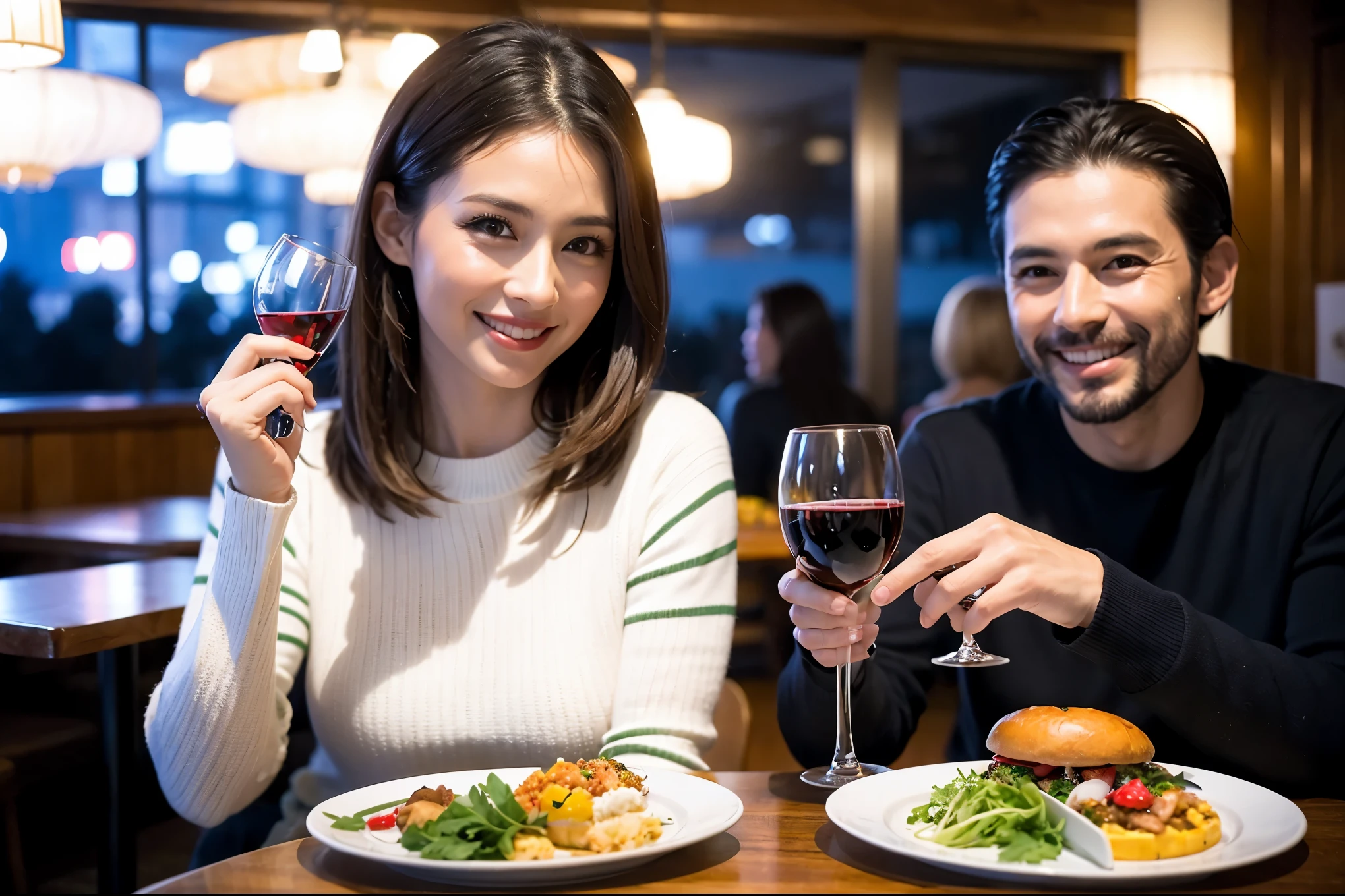 64k, UHD, highest quality, masterpiece: 1.2), (realistic, photorealistic: 1.37),やわらかなsmile、kind expression、 Super detailed, celebration party、beauty、Charm、beautiful mature woman、3 women who love wine、three men、Kobe、Yokohama、champagne、Sparkling wine、winter night、restaurantでワイン宴会、(slimな男女4名),(Wine party for 5 people)、(slimフェイス),Happy、 最高なsmile、Fox Face、Berry Short、(because I'thin), (brown hair), (shortcut), long sleeve shirt、winter fashion、Colombia、Brazilian、Japanese、Dutch、German、Portuguese、Belgian、Italian、french, (gushing), (slimボティ), (brown hair), (shortcut), 端正なbeauty、cheeks blush a little, (41 years old), 38 years old, 35 years old、32 years old、 A beautiful and detailed night view spreads out outside the window........, restaurant, wine glassが座っている, At night, in a prominent place (from the Upper body) nova frog style, actress, model, Upper body, White wine, slim, wine glass, very beautiful night view, wine glass Put in the Middle, Happy smile, (smile: 1.15),