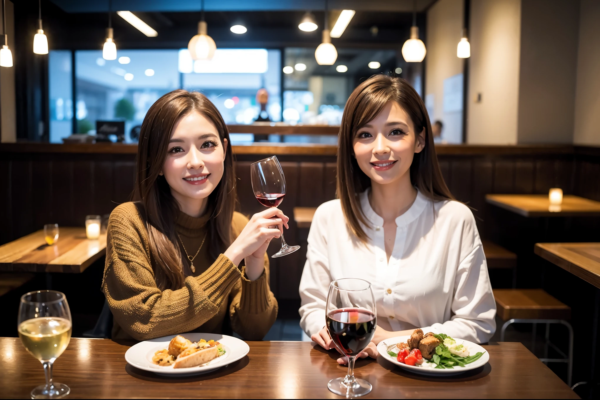 64k, UHD, highest quality, masterpiece: 1.2), (realistic, photorealistic: 1.37),やわらかなsmile、kind expression、 Super detailed, celebration party、beauty、Charm、beautiful mature woman、3 women who love wine、three men、Kobe、Yokohama、champagne、Sparkling wine、winter night、restaurantでワイン宴会、(slimな男女4名),(Wine party for 5 people)、(slimフェイス),Happy、 最高なsmile、Fox Face、Berry Short、(because I'thin), (brown hair), (shortcut), long sleeve shirt、winter fashion、Colombia、Brazilian、Japanese、Dutch、German、Portuguese、Belgian、Italian、french, (gushing), (slimボティ), (brown hair), (shortcut), 端正なbeauty、cheeks blush a little, (41 years old), 38 years old, 35 years old、32 years old、 A beautiful and detailed night view spreads out outside the window........, restaurant, wine glassが座っている, At night, in a prominent place (from the Upper body) nova frog style, actress, model, Upper body, White wine, slim, wine glass, very beautiful night view, wine glass Put in the Middle, Happy smile, (smile: 1.15),