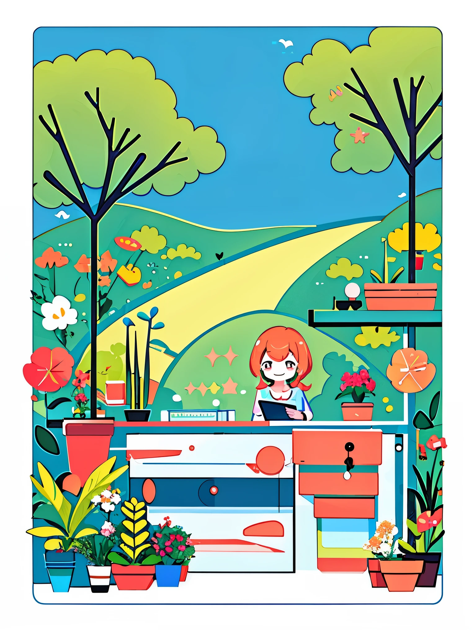 (Flattening，UI vector style), (1 girl，在绿色garden中练太极:1.5)，rosy cheeks，bright smile，wearing casual，cozy clothings，garden，On the grass，blue sky，dense with greenery，flowers bloom, Bright colors，Cheerful atmosphere，(Simple illustration)，(smooth line art:1.2), (Minimalism), White background，(graphic design aesthetics)，(flat illustration)