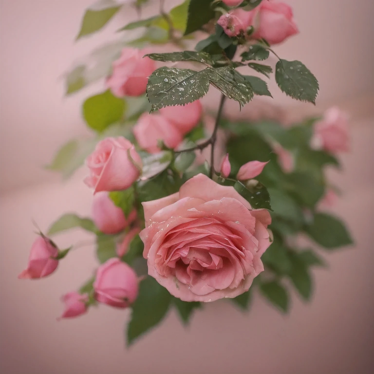A pink rose hangs from the branch，There are water droplets on it, shot with a canon 35mm lens, photo of a rose, taken with a pentax k1000, rose twining, shot on leica sl2, melanchonic rose soft light, Pink rose, shot in canon 50mm f/1.2