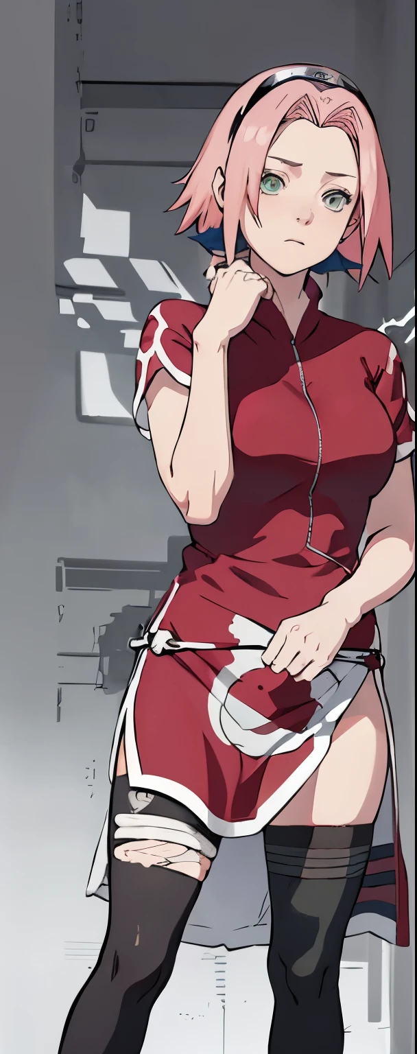 ((Best quality)), ((masterpiece)), ((details)), no background image, The image background is plain white, there is no background, perfect body, perfect face, sakura haruno, standing, looking at viewer, 1girl, solo, short hair, pink hair, green eyes, hands clenched into fists, black gloves, both hands clasped, open clothed, open wear, open the dressed, qipao dress red colour with round white mark in the middle clothes, open dress, seen underwear, black underwear, tight shortpants, transparent shortpant, seen pussy, detail, white thigh tie on right thigh, black high boot, black high knee sock, realistic, ultra high image quality, 8k, 8k wallpaper, 70mm lens camera.