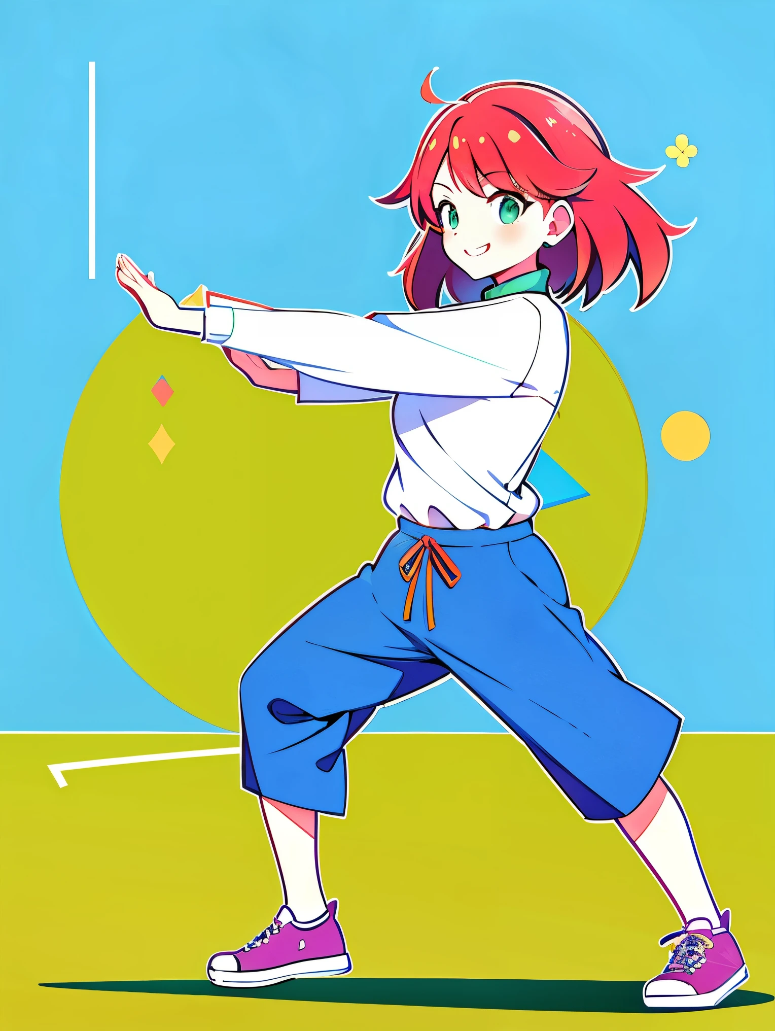 (Flattening，UI vector style), (1 girl，Practicing Tai Chi in Green Park:1.5)，rosy cheeks，bright smile，wearing casual，cozy clothings，garden，On the grass，blue sky，dense with greenery，flowers bloom, Bright colors，Cheerful atmosphere，(Simple illustration)，(smooth line art:1.2), (Minimalism), White background，(graphic design aesthetics)，(flat illustration)