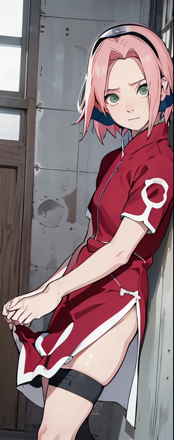 ((Best quality)), ((masterpiece)), ((details)), no background image, The image background is plain white, there is no background, perfect body, perfect face, sakura haruno, standing, looking at viewer, 1girl, solo, short hair, pink hair, green eyes, hands clenched into fists, black gloves, both hands clasped, open clothed, open wear, open the dressed, qipao dress red colour with round white mark in the middle clothes, open dress, seen underwear, black underwear, tight shortpants, transparent shortpant, seen pussy, detail, white thigh tie on right thigh, black high boot, black high knee sock, realistic, ultra high image quality, 8k, 8k wallpaper, 70mm lens camera.