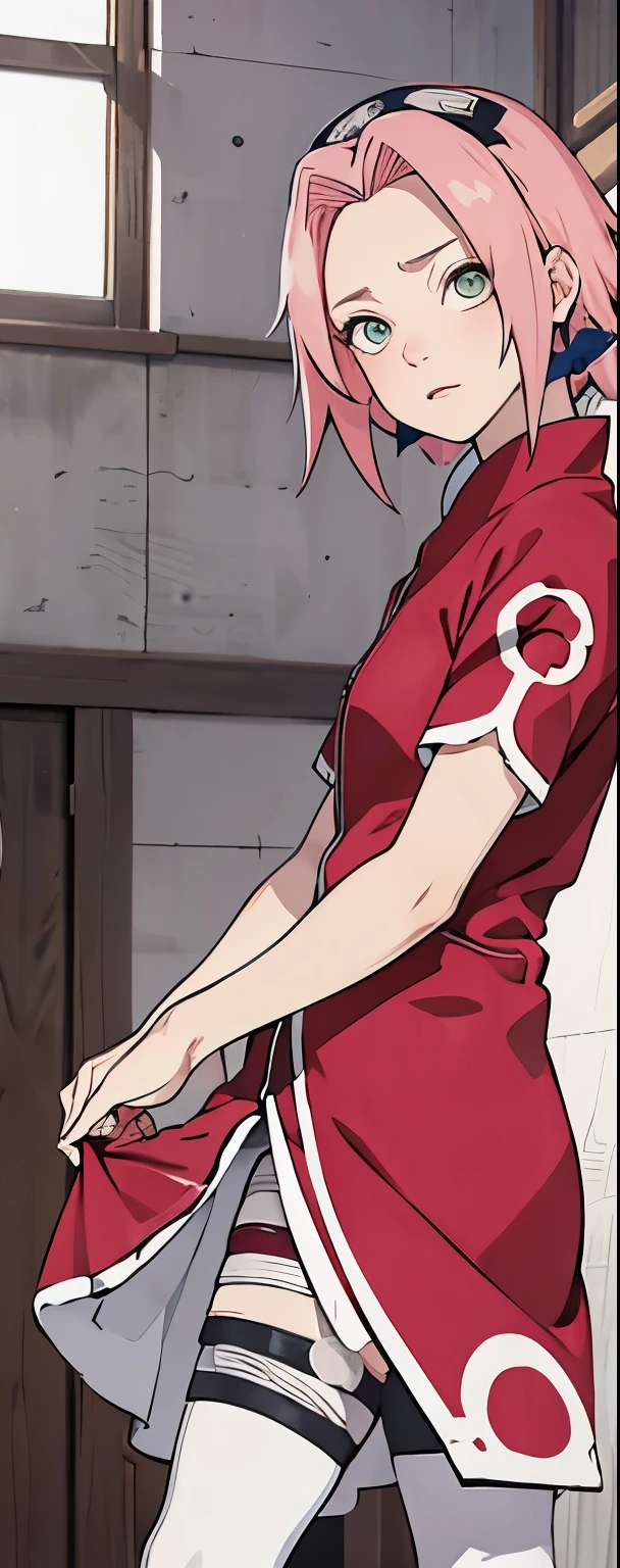 ((Best quality)), ((masterpiece)), ((details)), no background image, The image background is plain white, there is no background, perfect body, perfect face, sakura haruno, standing, looking at viewer, 1girl, solo, short hair, pink hair, green eyes, hands clenched into fists, black gloves, both hands clasped, open clothed, open wear, open the dressed, qipao dress red colour with round white mark in the middle clothes, open dress, seen underwear, black underwear, tight shortpants, transparent shortpant, seen pussy, detail, white thigh tie on right thigh, black high boot, black high knee sock, realistic, ultra high image quality, 8k, 8k wallpaper, 70mm lens camera.