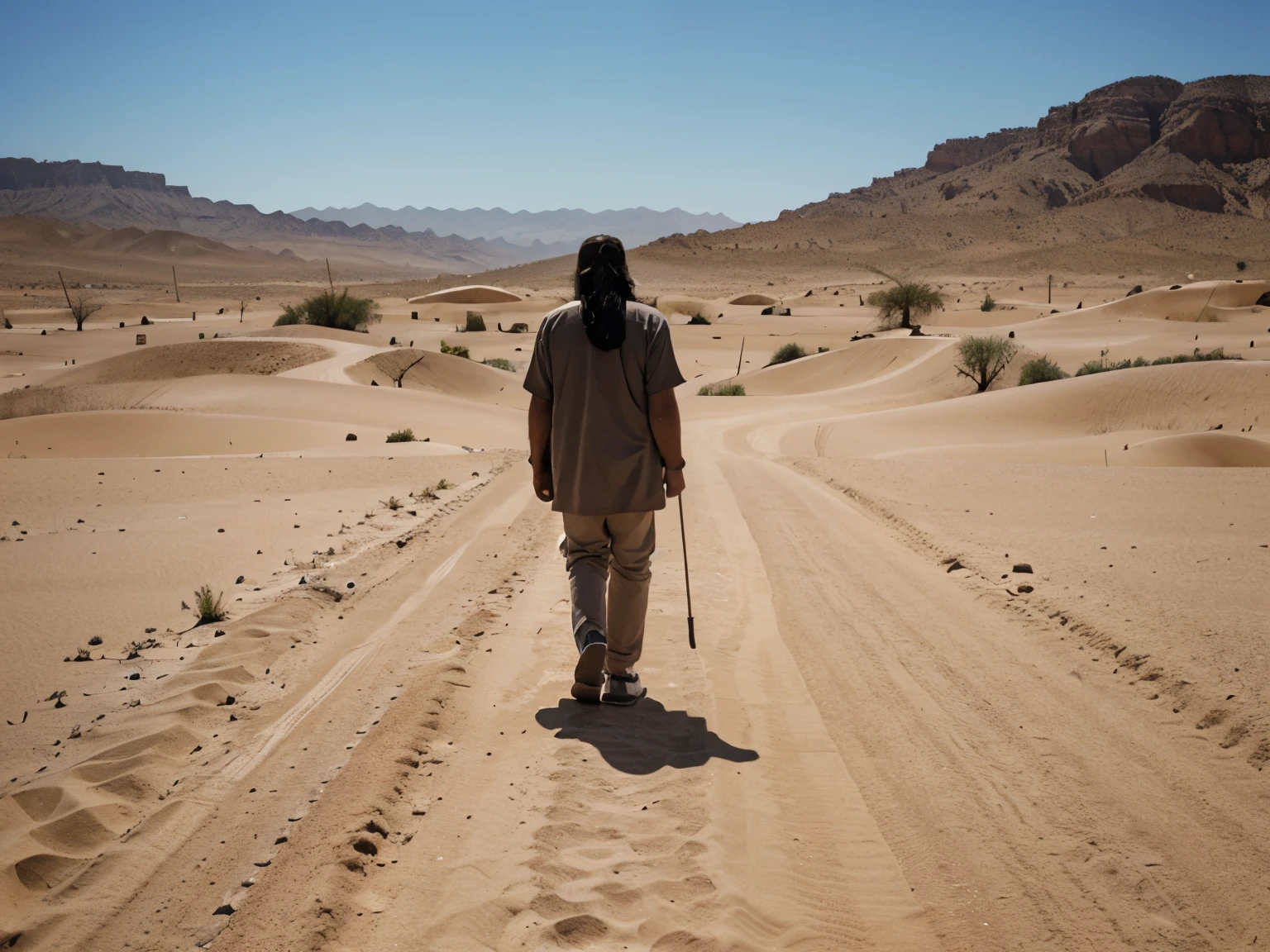 a man, a disciple of jesus christ, alone, walking in the dessert, searching, 