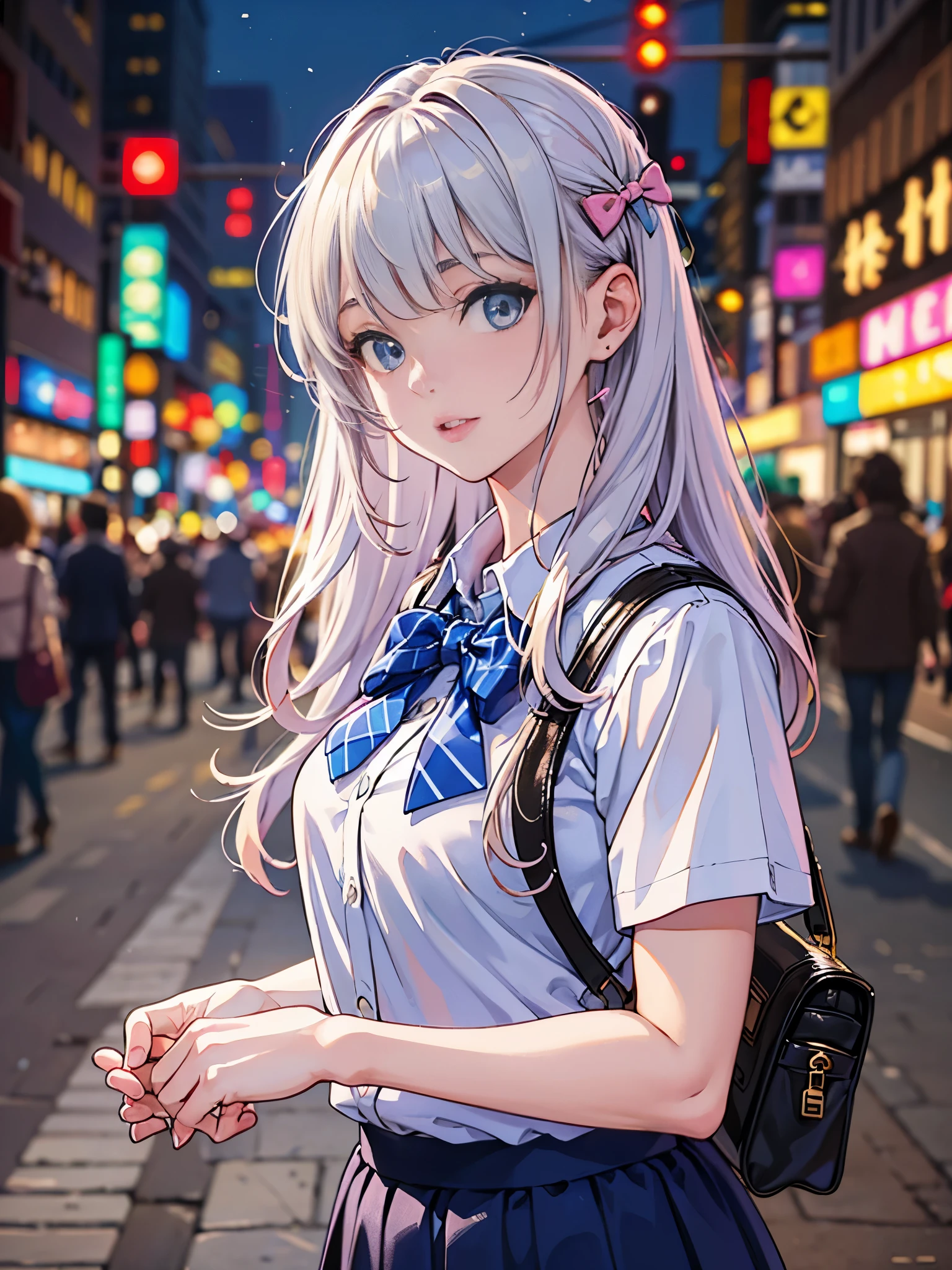 (8k, RAW photo, masterpiece:1.3), (realistic, photo-realistic:1.37), (night), (looking at viewer:1.331), (white hair), posing, Tokyo street, nightcityscape, cyberpunk city, soft light, 1girl, extremely beautiful face, bust, put down hands, Random hairstyle, Random expression, big eyes, lower abdomen, (short-sleeved .JK_shirt), JK_style, (dark blue JK_skirt), (bow JK_tie), mix4., best quality