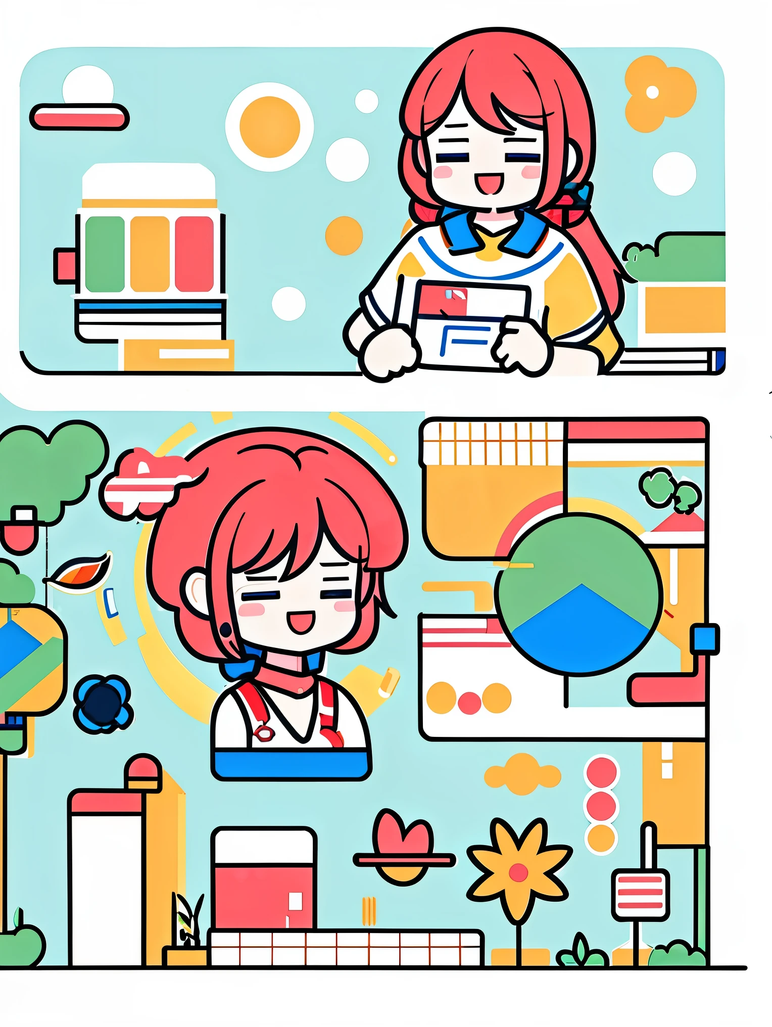 (Flattening，UI vector style), (1 girl，绿色garden中跑步:1.5)，rosy cheeks，bright smile，wearing casual，cozy clothings，garden，On the grass，blue sky，dense with greenery，flowers bloom, Bright colors，Cheerful atmosphere，(Simple illustration)，(smooth line art:1.2), (Minimalism), White background，(graphic design aesthetics)，(flat illustration)