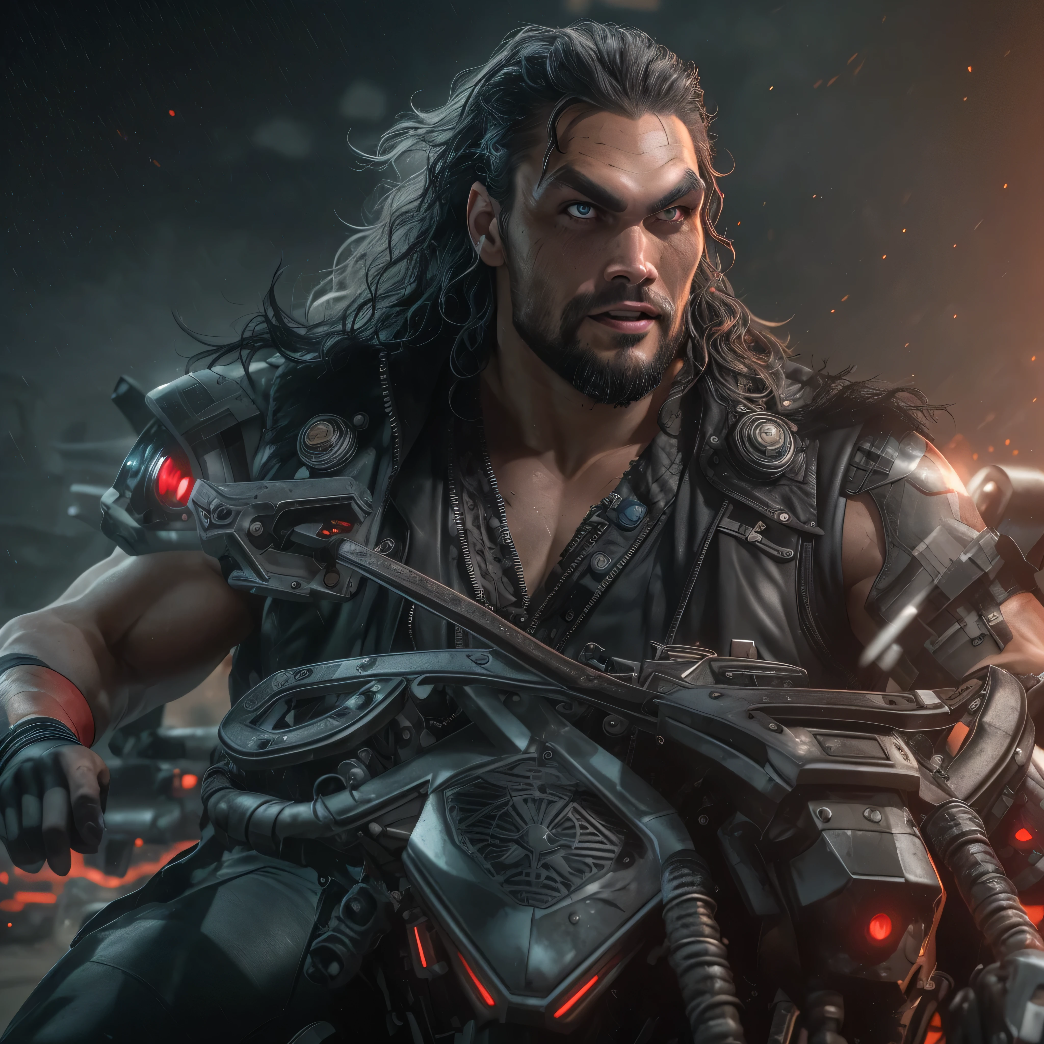 Full body image, a photo of Jason Momoa as Lobo from DC comics, Evil grin, muscular, ((((ghostly super pale skin)))), (((red eyes))), sleeveless black biker vest, riding star wars hoverbike, Intricate, High Detail, Sharp focus, dramatic, photorealistic digital art, photo-realistic, octane render, unreal engine, ultra-realistic